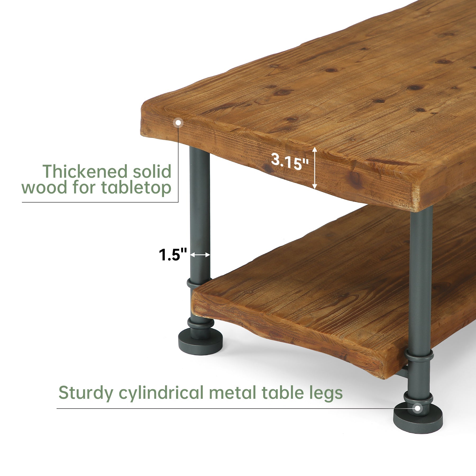 Tribesigns Mesa de centro rectangular de 120 cm 2 niveles de madera maciza para salón con borde natural y patas de metal