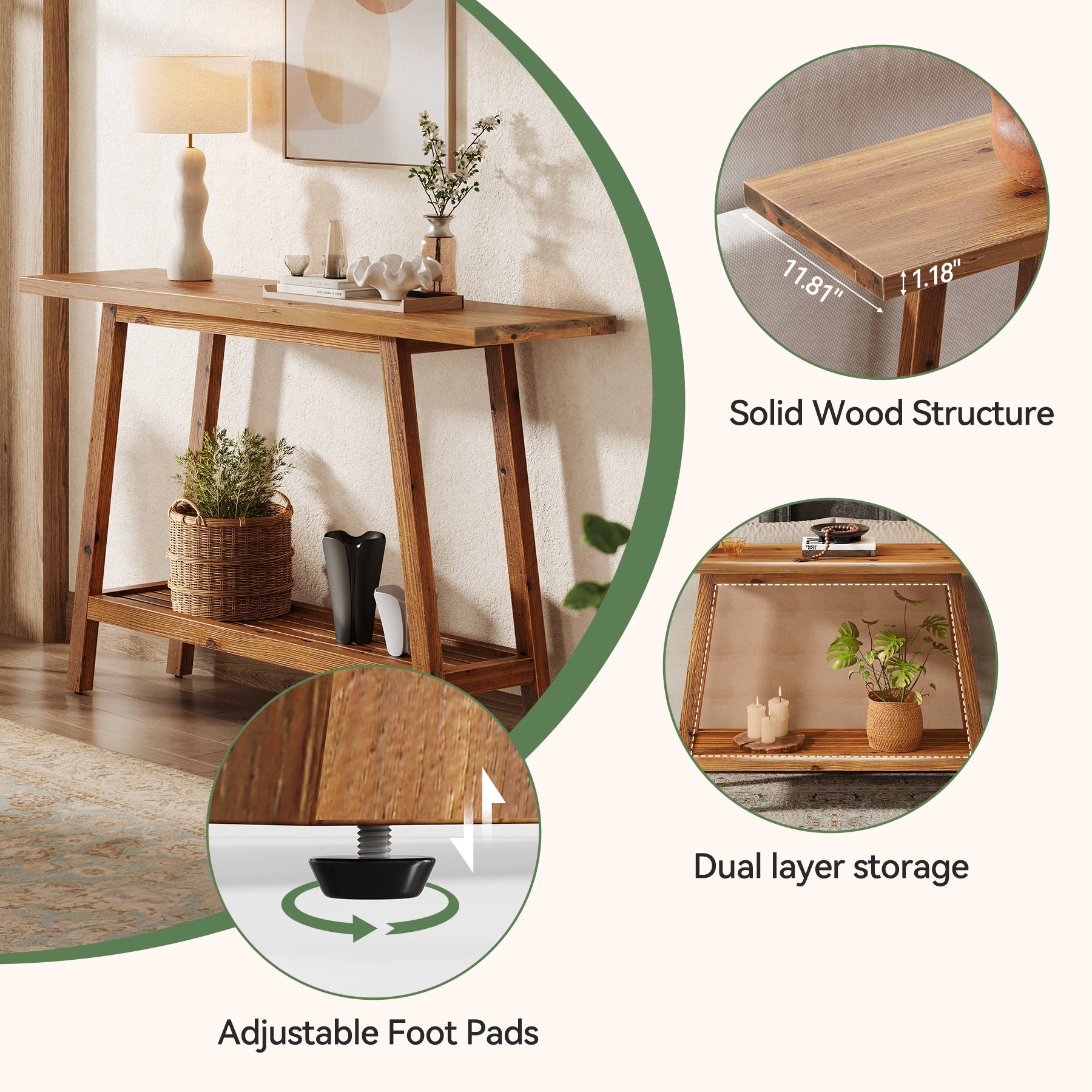 Tribesigns Consola de madera maciza 105 cm de ancho con estante, Mesa de centro con almacenamiento en estilo rústico