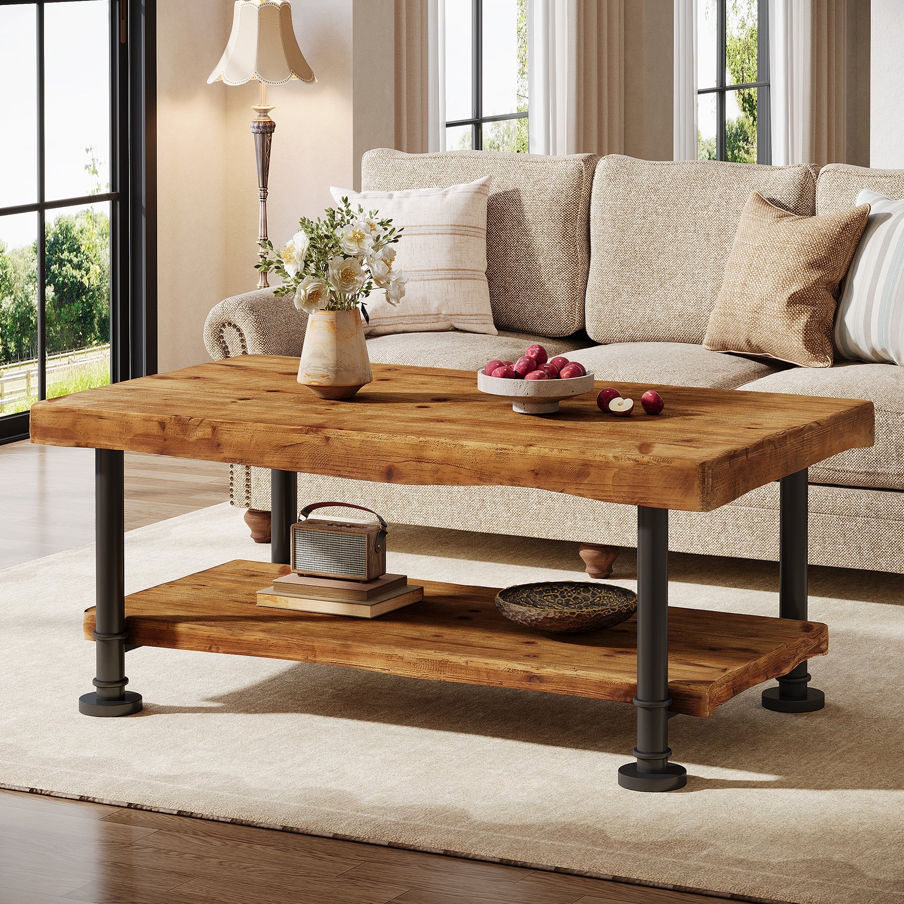 Tribesigns Mesa de centro rectangular de 120 cm 2 niveles de madera maciza para salón con borde natural y patas de metal