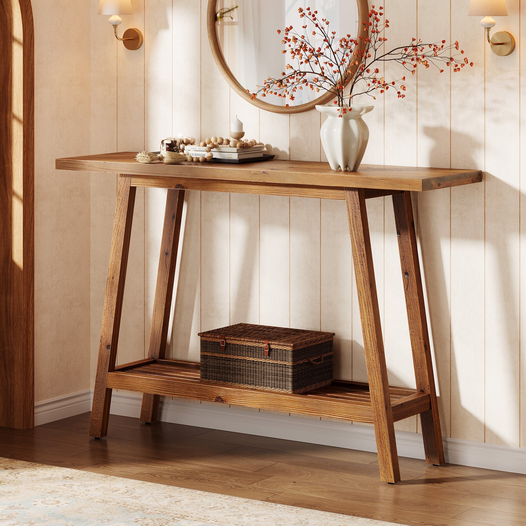 Tribesigns Consola de madera maciza 105 cm de ancho con estante, Mesa de centro con almacenamiento en estilo rústico