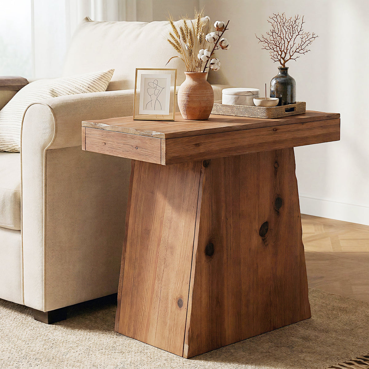 Tribesigns Mesa auxiliar de madera maciza de 60 cm, Mesa de madera con base trapezoidal