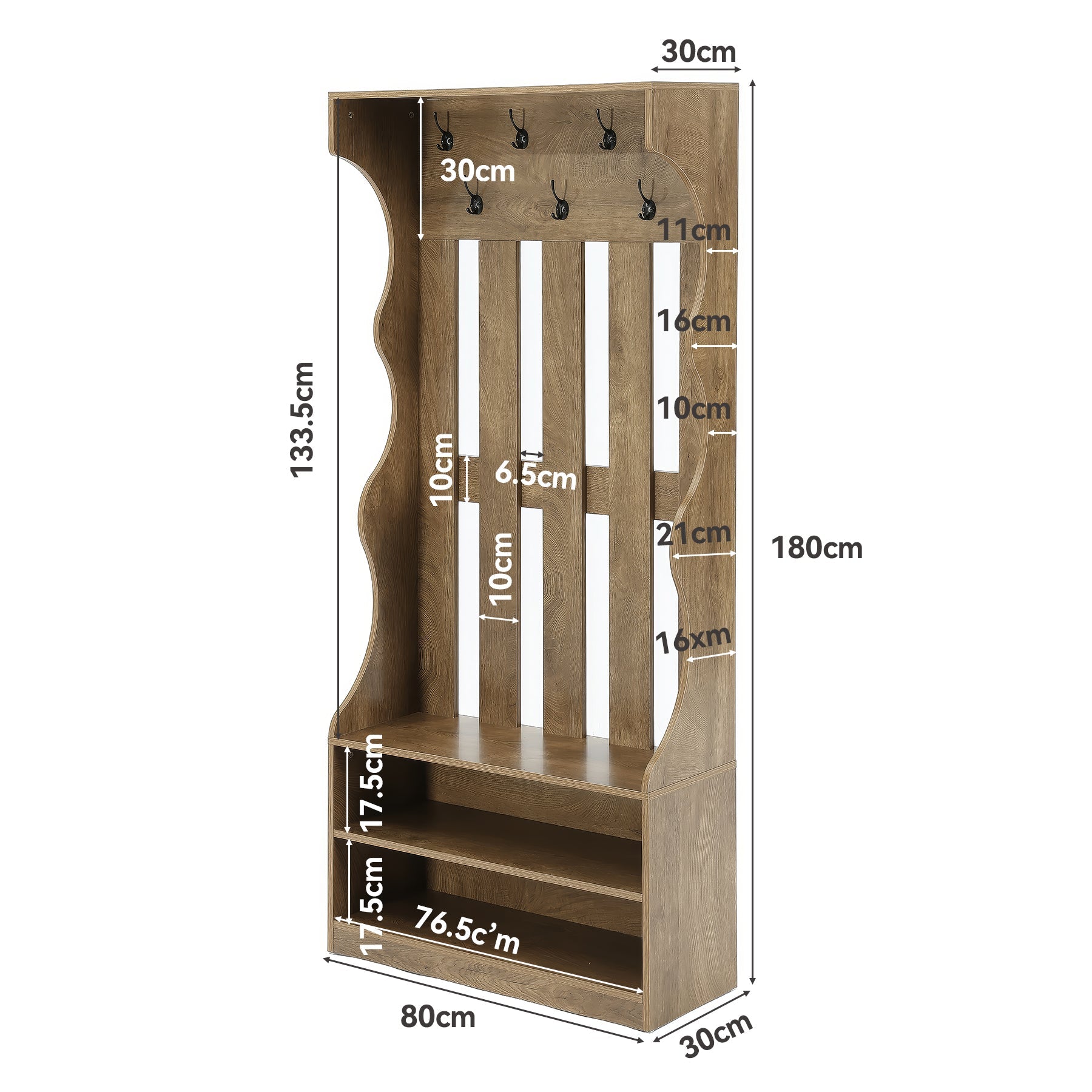 Tribesigns Mueble de recibidor 3 en 1 de 180 cm con perchero y banco para zapatos, Banco de entrada marrón con 7 ganchos