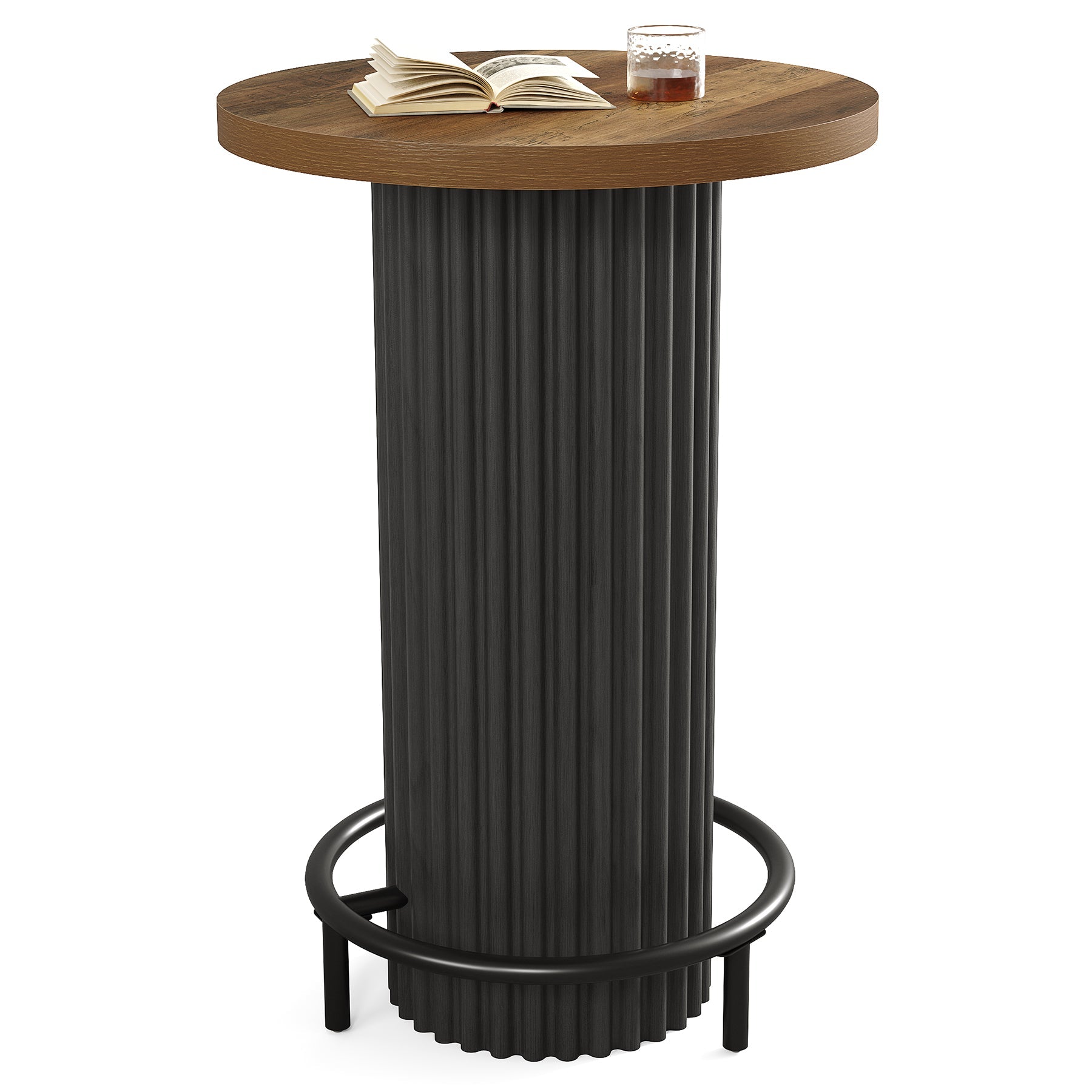 Mesa alta redonda (100 cm de altura), Mesa de bistró moderna de madera con reposapiés metálico