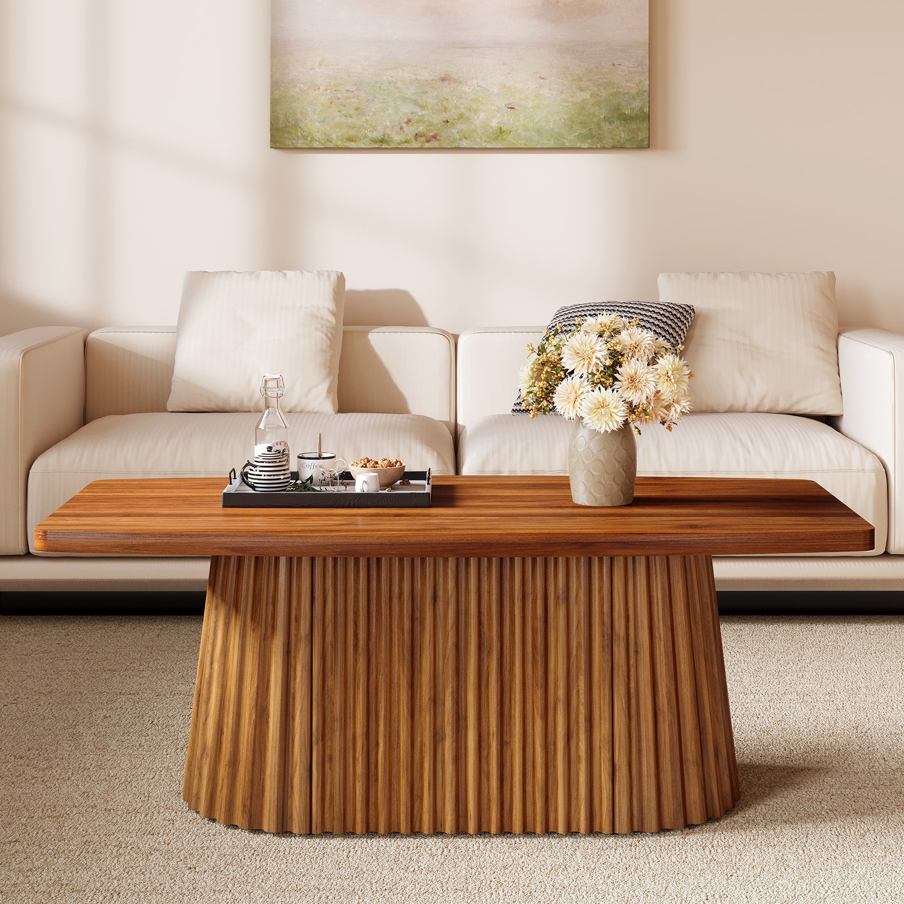 Tribesigns Mesa de centro rectangular de 120 cm con base plisada