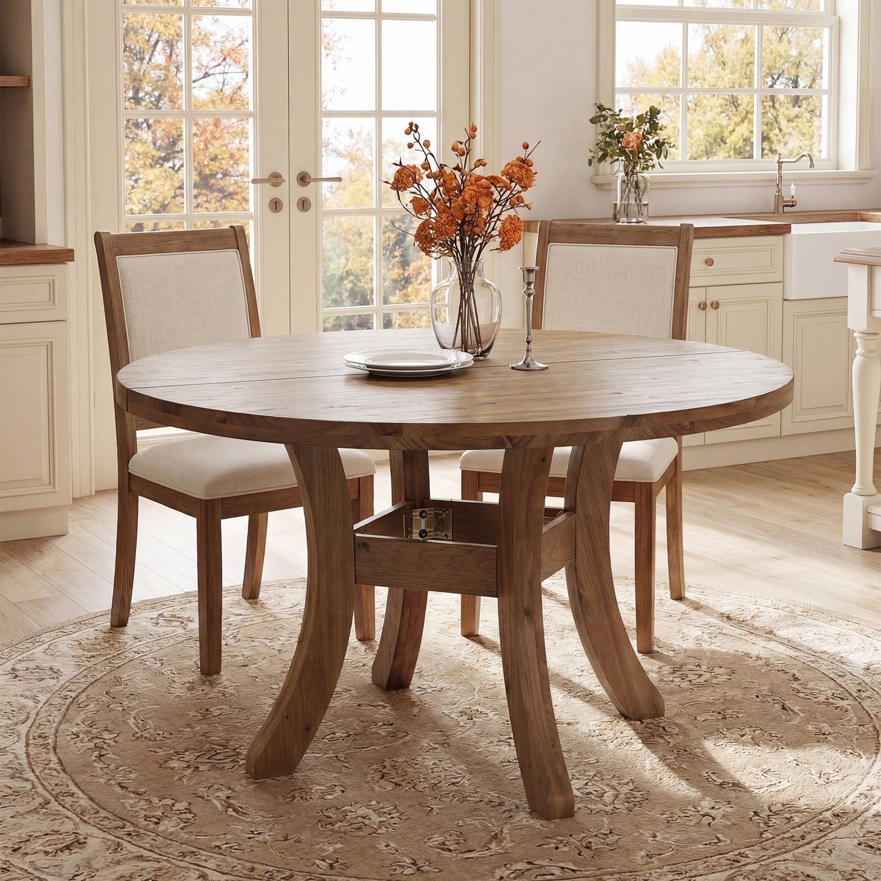 Tribesigns Mesa de comedor redonda de madera maciza de 120 cm, Estilo rústico con patas curvas