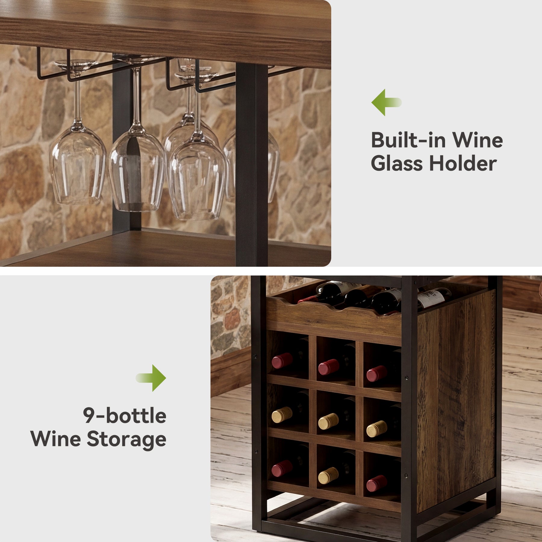 Tribesigns Mesa de bar de 95 cm con almacenamiento, Mesa de bistró estrecha con estantes, botellero y soporte para copas
