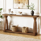 Tribesigns Consola de madera maciza de 160 x 30 cm con estante de almacenamiento de 2 niveles y mesa auxiliar estrecha detrás del sofá 3