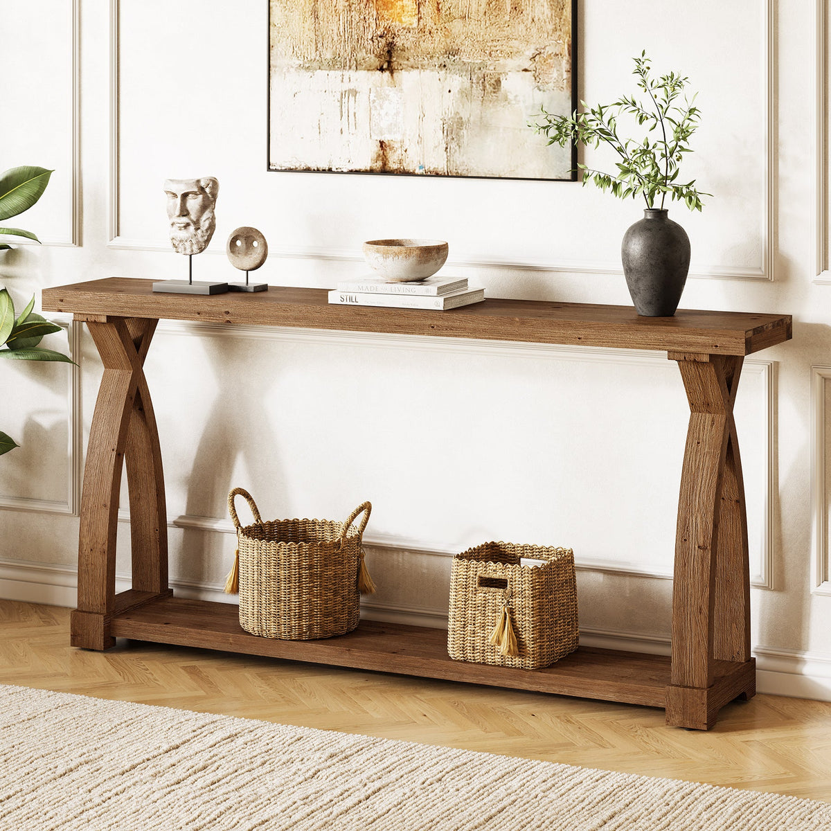 Tribesigns Consola de madera maciza de 160 x 30 cm con estante de almacenamiento de 2 niveles y mesa auxiliar estrecha detrás del sofá