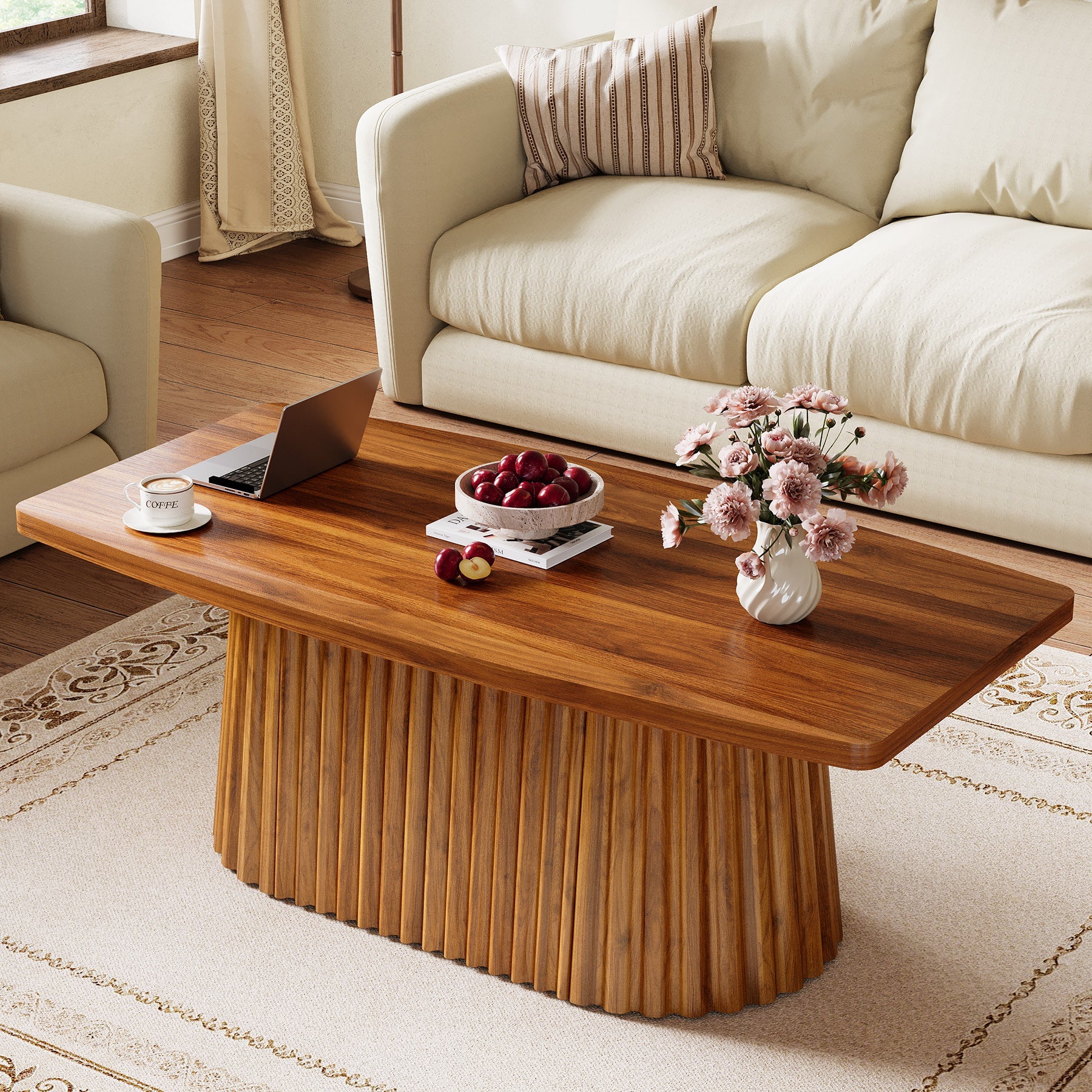 Tribesigns Mesa de centro rectangular de 120 cm con base plisada