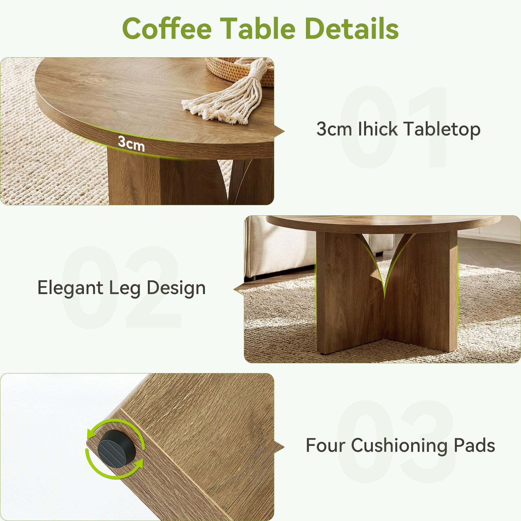 Mesa de centro redonda de 80 cm, Mesa de salón moderna de color marrón para espacios pequeños