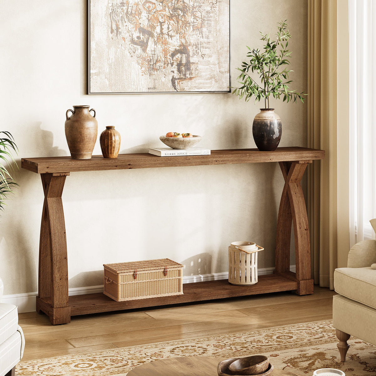 Tribesigns Consola de madera maciza de 160 x 30 cm con estante de almacenamiento de 2 niveles y mesa auxiliar estrecha detrás del sofá