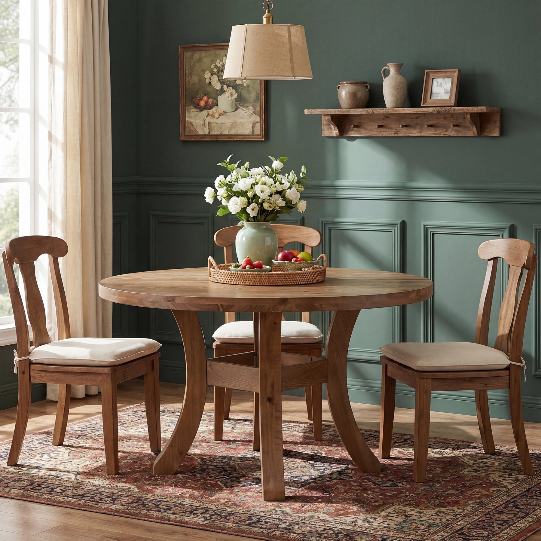 Tribesigns Mesa de comedor redonda de madera maciza de 120 cm, Estilo rústico con patas curvas