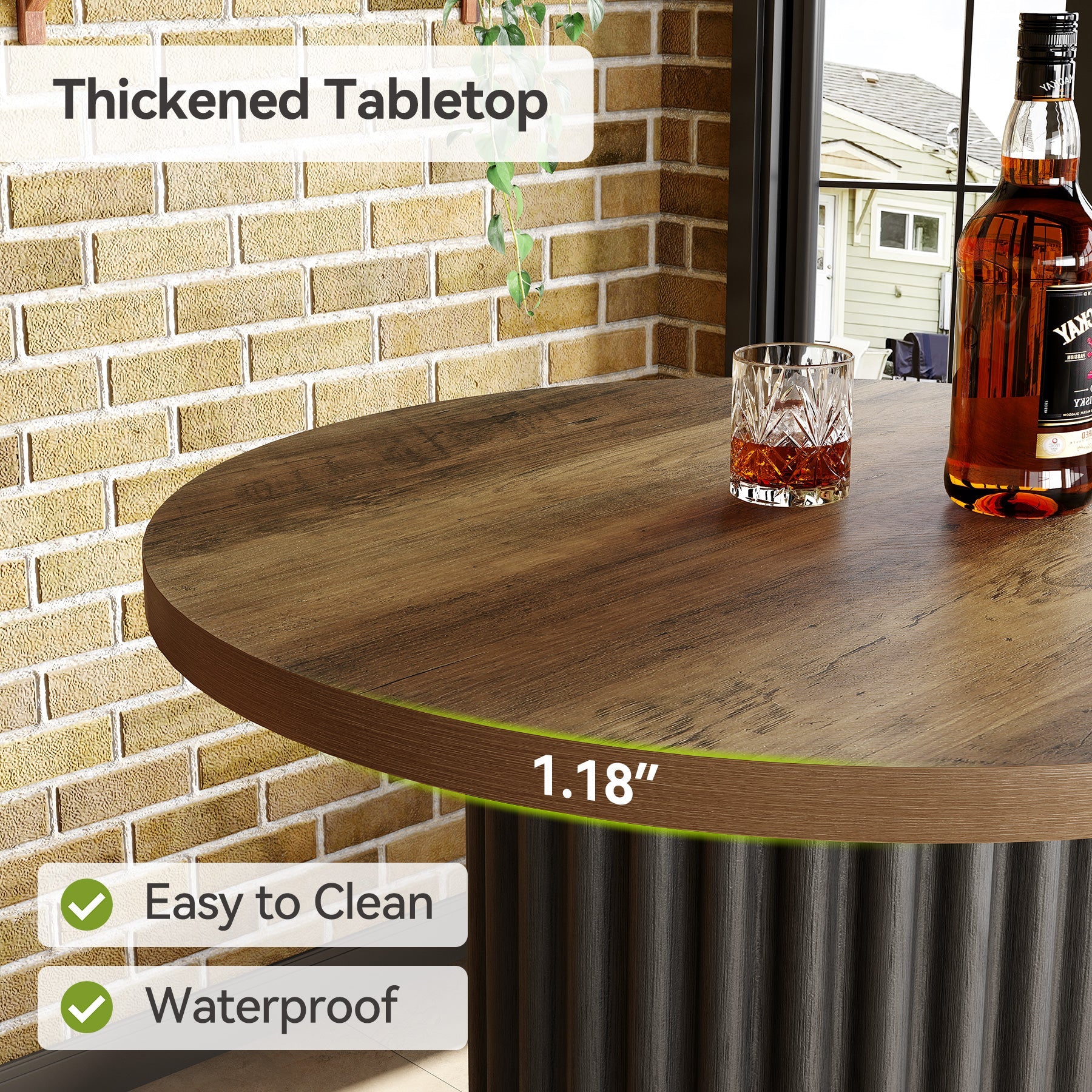 Mesa alta redonda (100 cm de altura), Mesa de bistró moderna de madera con reposapiés metálico