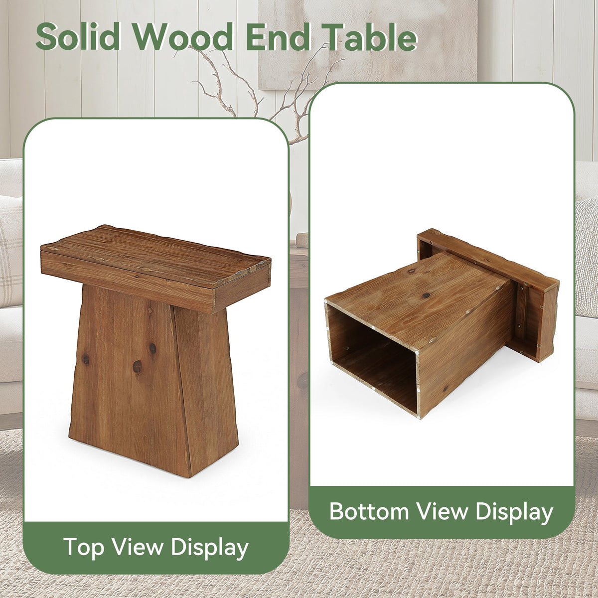 Tribesigns Mesa auxiliar de madera maciza de 60 cm, Mesa de madera con base trapezoidal