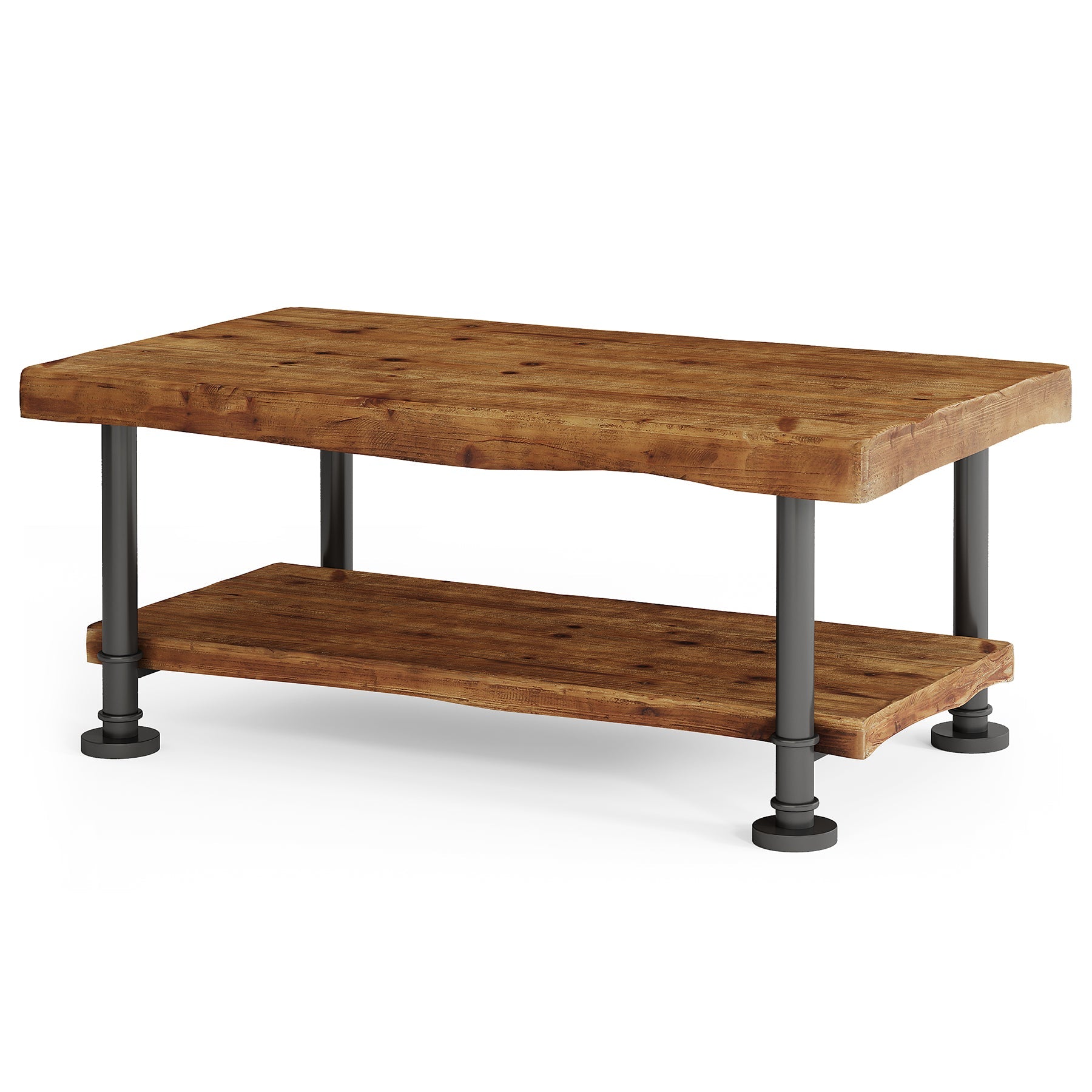 Tribesigns Mesa de centro rectangular de 120 cm 2 niveles de madera maciza para salón con borde natural y patas de metal