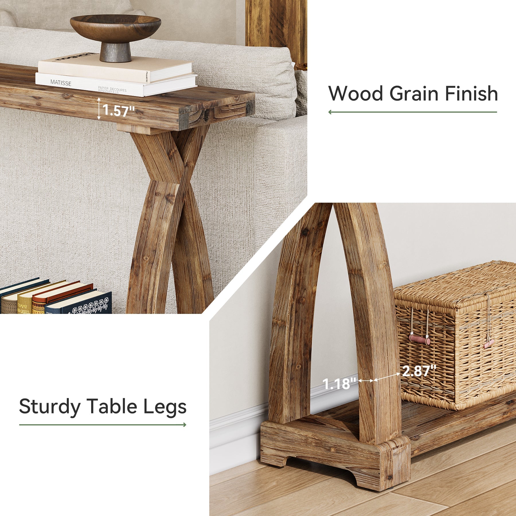 Tribesigns Consola estrecha de 160 cm de madera maciza, Mesa de sofá de estilo rústico