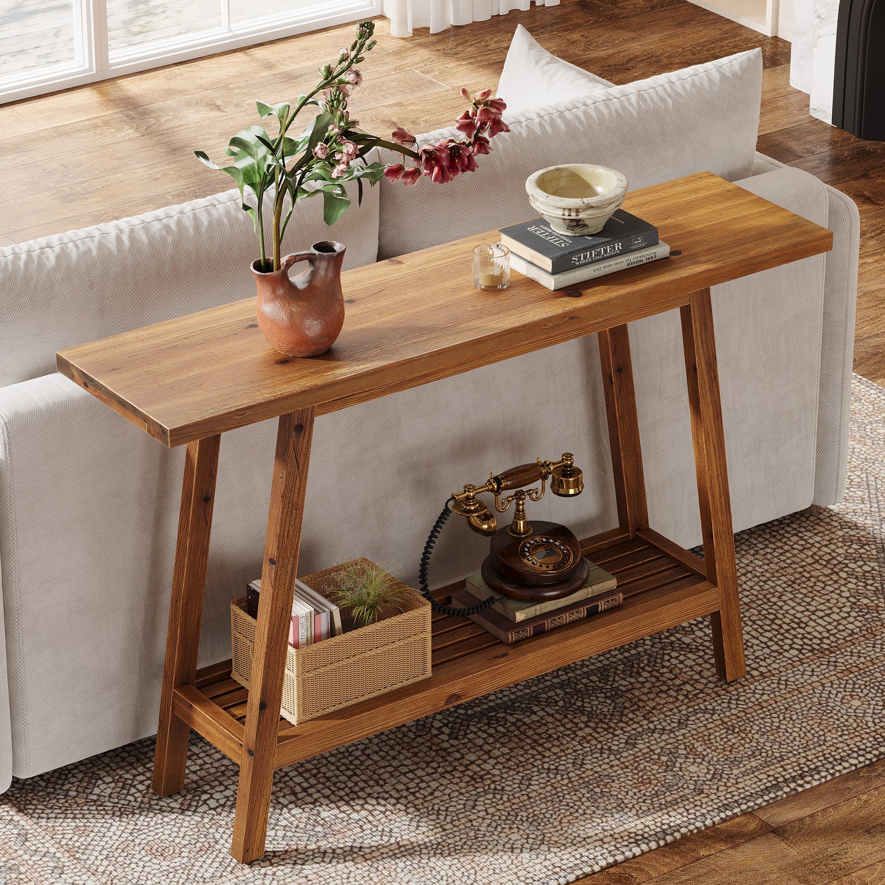 Tribesigns Consola de madera maciza 105 cm de ancho con estante, Mesa de centro con almacenamiento en estilo rústico
