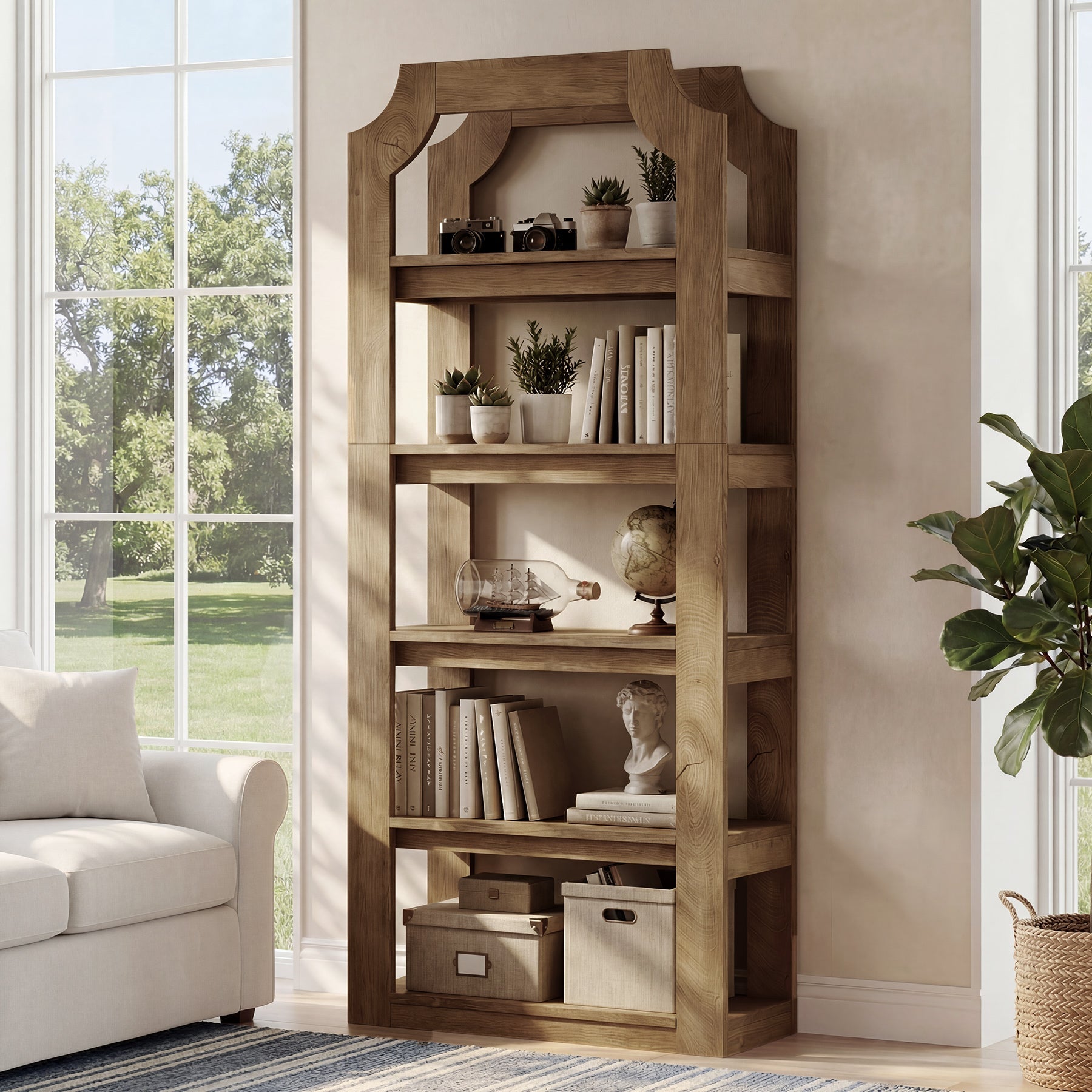 180 cm hoher 5-stöckiger Bücherregal im Landhausstil, robustes Standregal für Wohnzimmer, Büro & Schlafzimmer