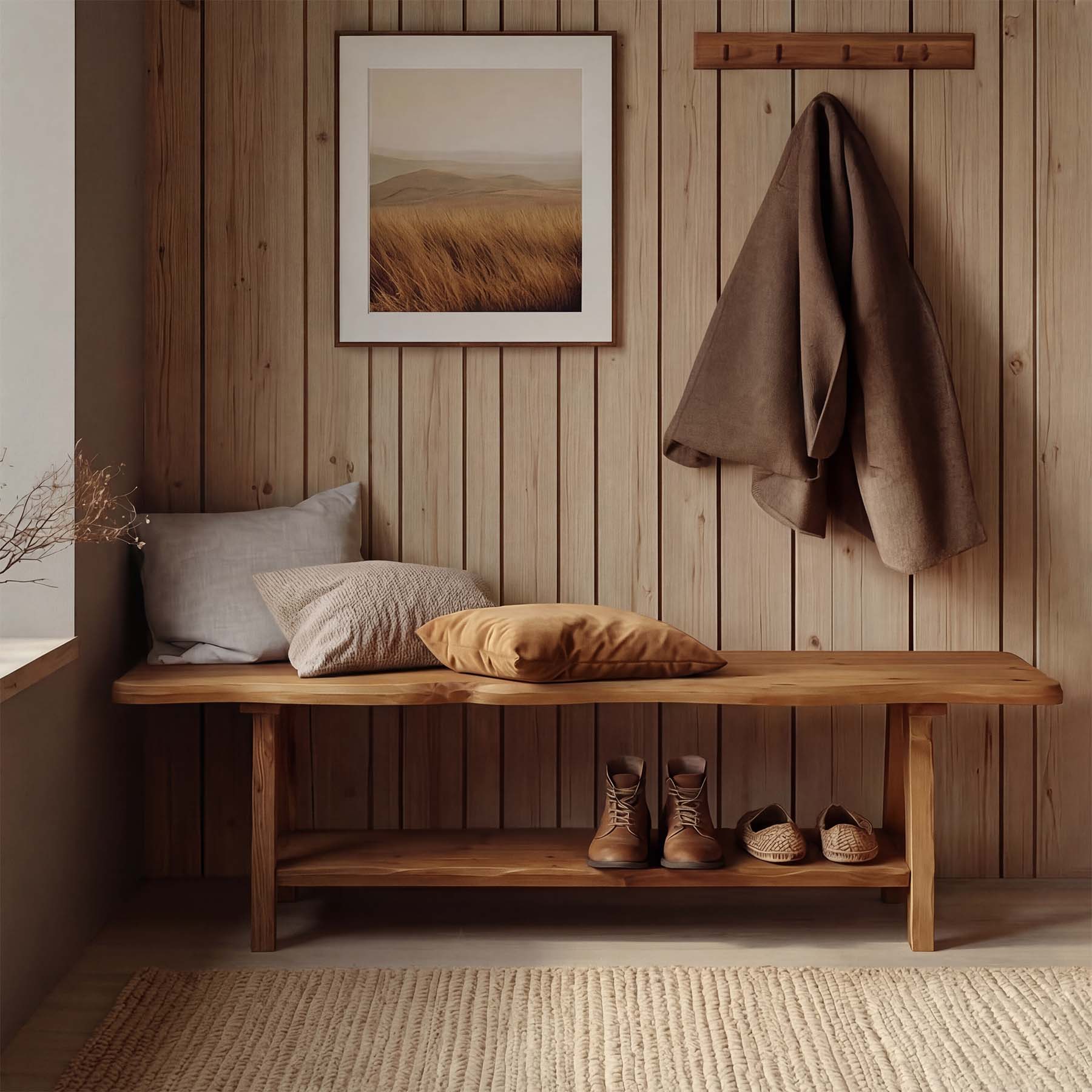 Tribesigns Banco de madera maciza de 140 cm, Banco rústico para recibidor con borde natural y 2 estantes de almacenamiento