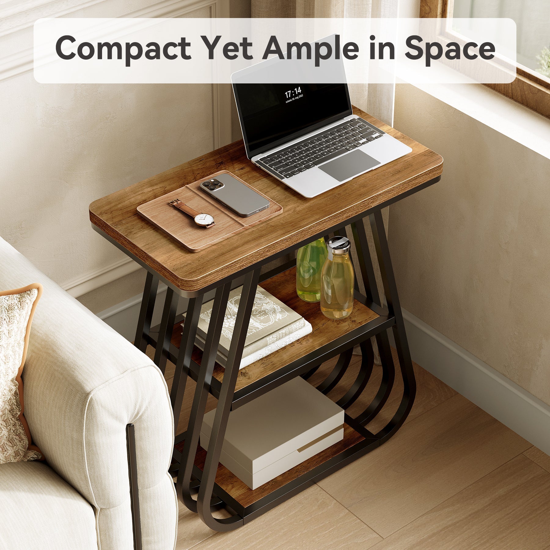 Mesita auxiliar de 3 niveles, Mesita de noche estrecha para habitaciones pequeñas Mesa de sofá de madera de estilo industrial