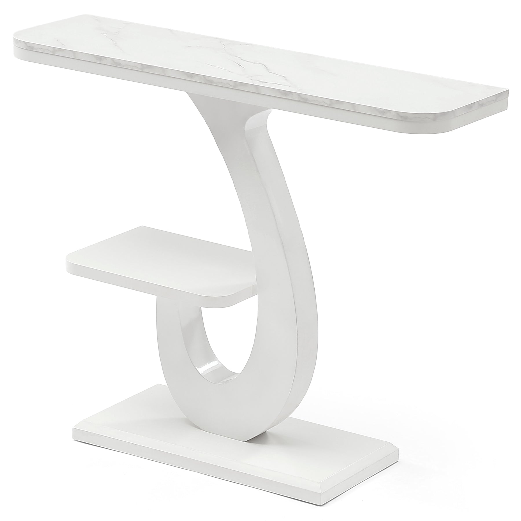 Consola blanca de 100 cm, Mesa estrecha para recibidor con efecto mármol y estante