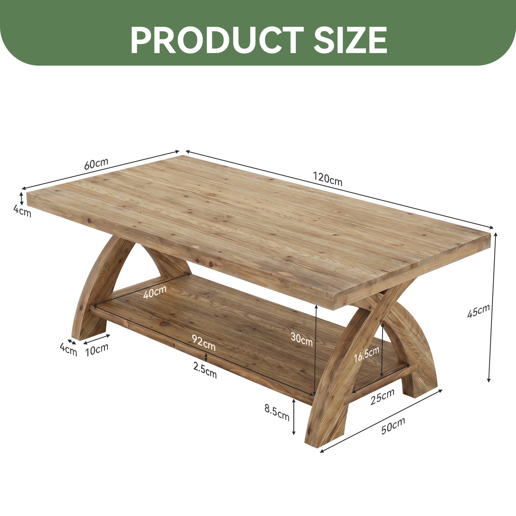 Mesa de centro de madera maciza con estante, Mesa de salón rectangular con estructura en forma de X