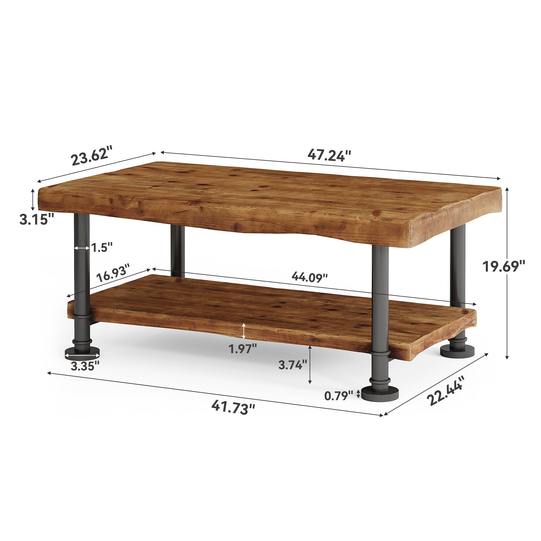 Tribesigns Mesa de centro rectangular de 120 cm 2 niveles de madera maciza para salón con borde natural y patas de metal