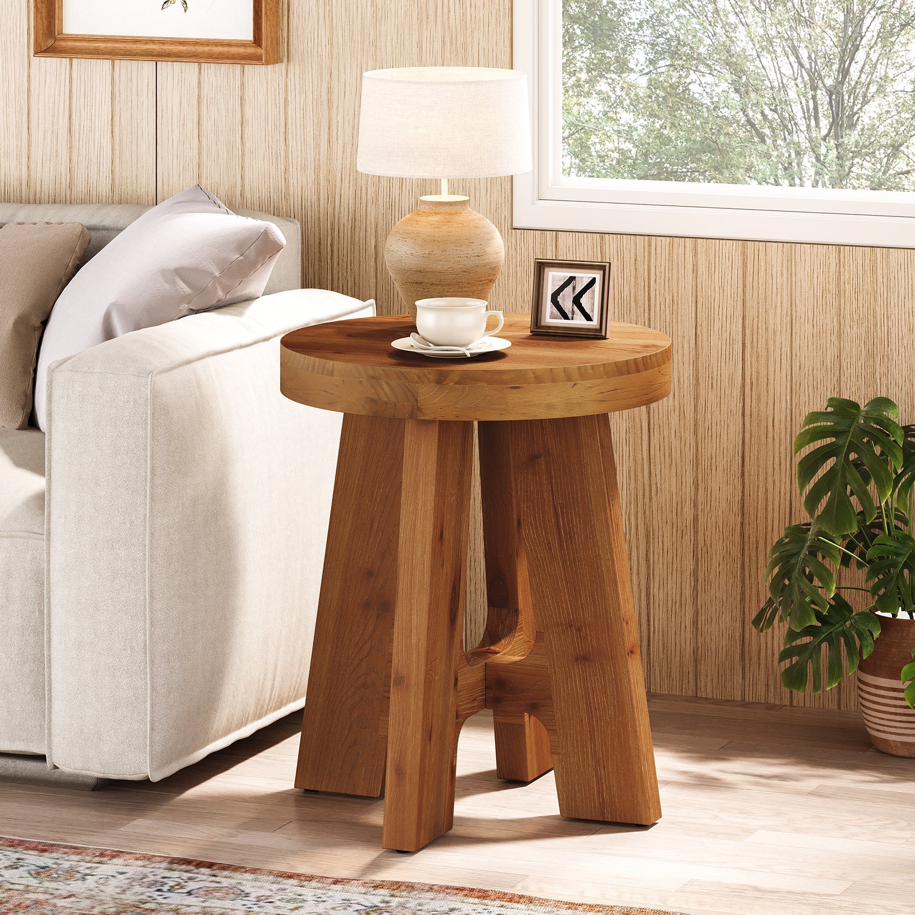 Tribesigns Mesa auxiliar redonda de madera maciza, Mesa de sofá rústica de madera con patas robustas
