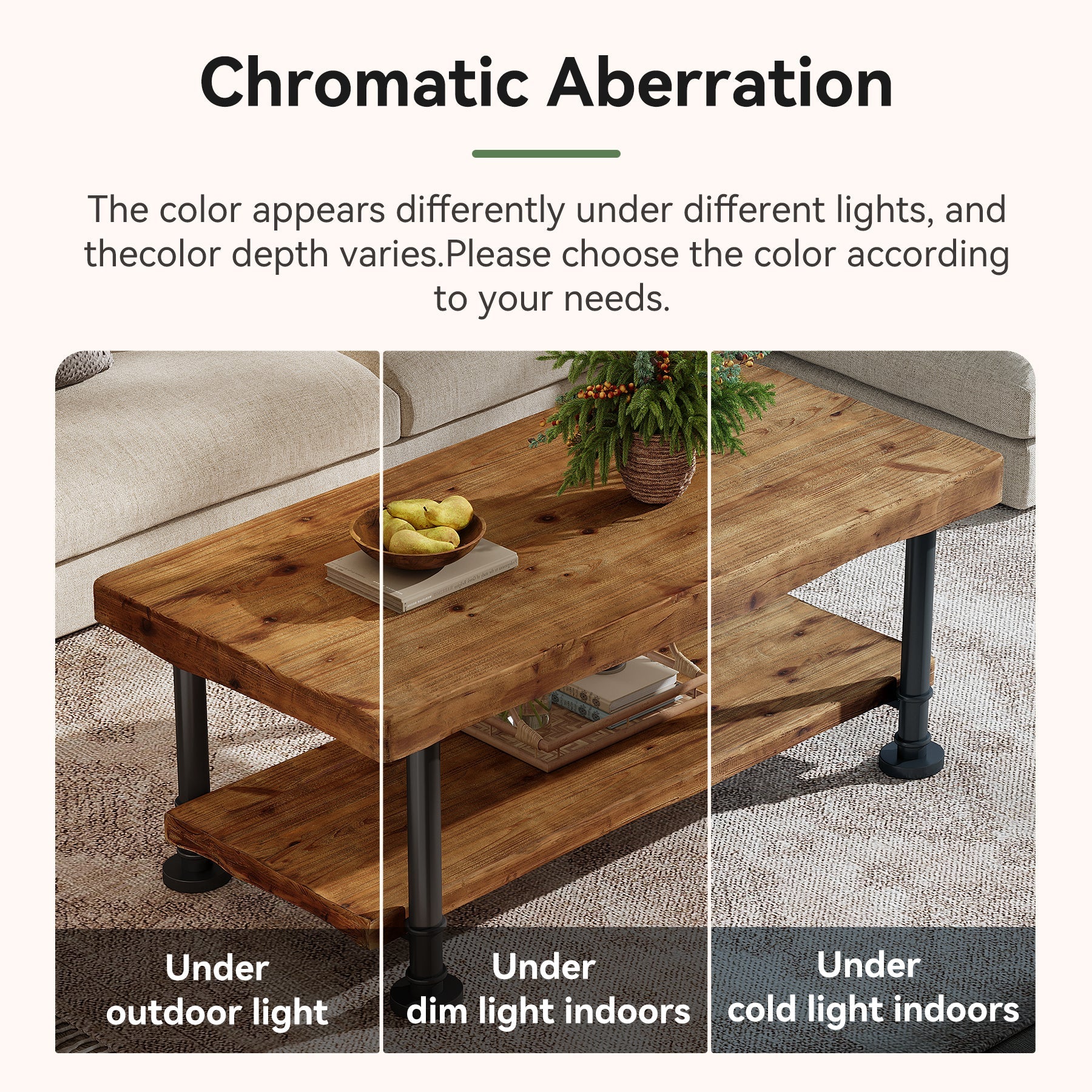 Tribesigns Mesa de centro rectangular de 120 cm 2 niveles de madera maciza para salón con borde natural y patas de metal