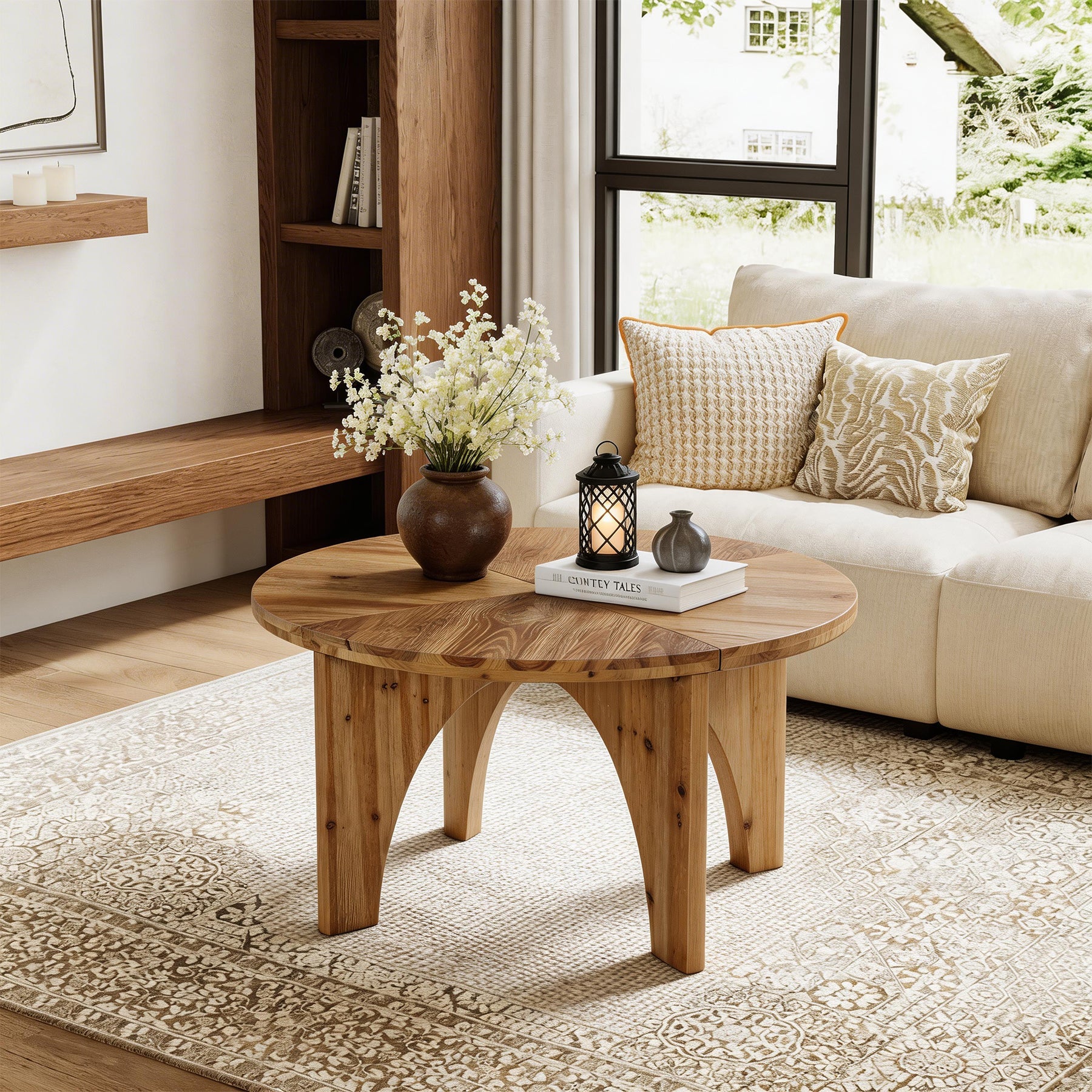 Tribeigns Mesa de centro redonda de madera maciza 80 cm, Mesa de salón de estilo rústico con patas curvas