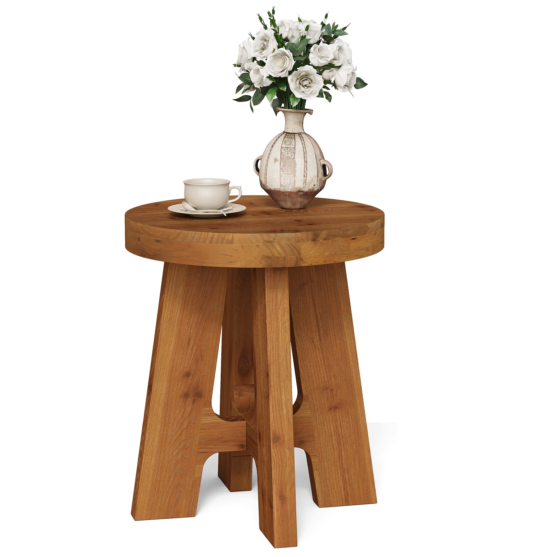 Tribesigns Mesa auxiliar redonda de madera maciza, Mesa de sofá rústica de madera con patas robustas