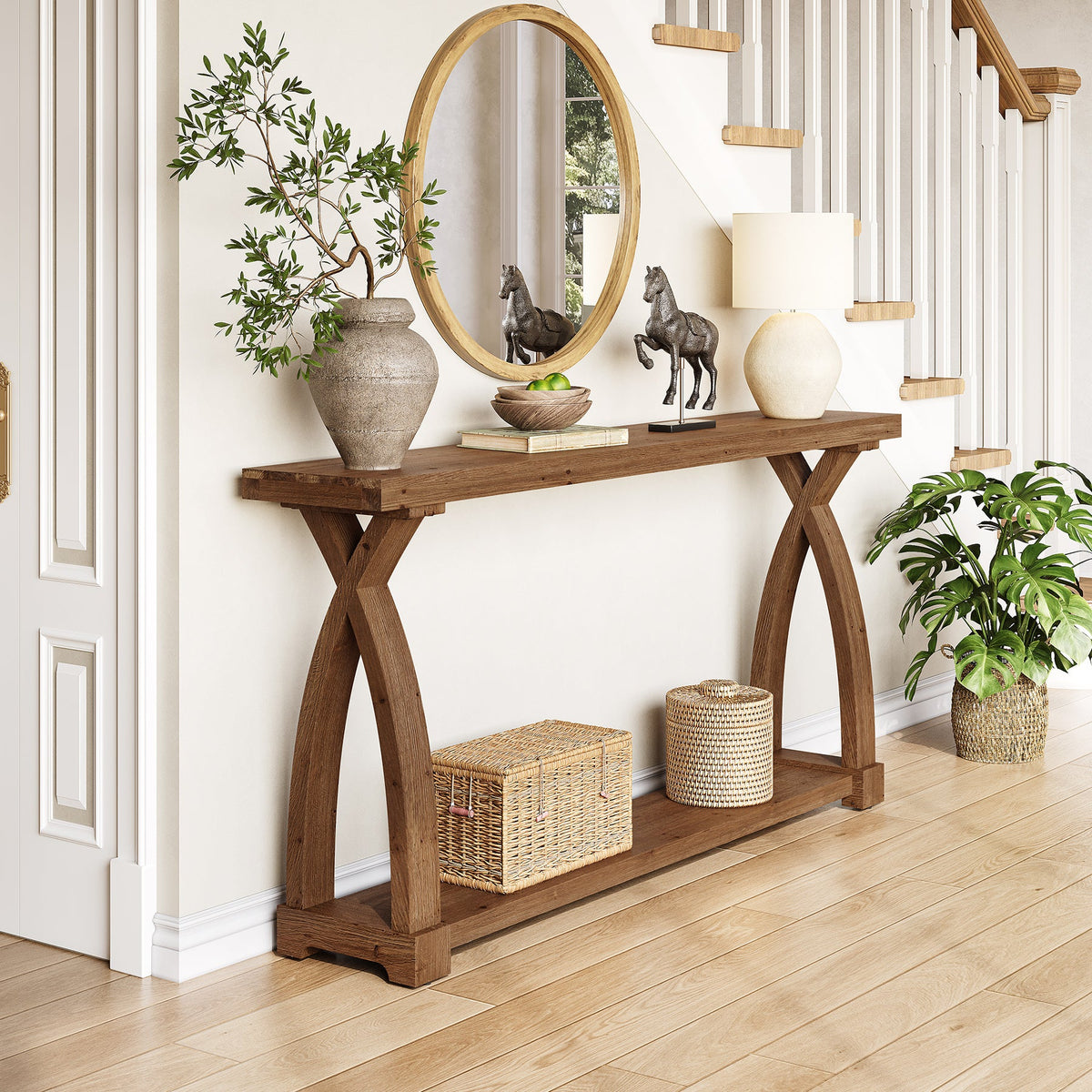 Tribesigns Consola de madera maciza de 160 x 30 cm con estante de almacenamiento de 2 niveles y mesa auxiliar estrecha detrás del sofá