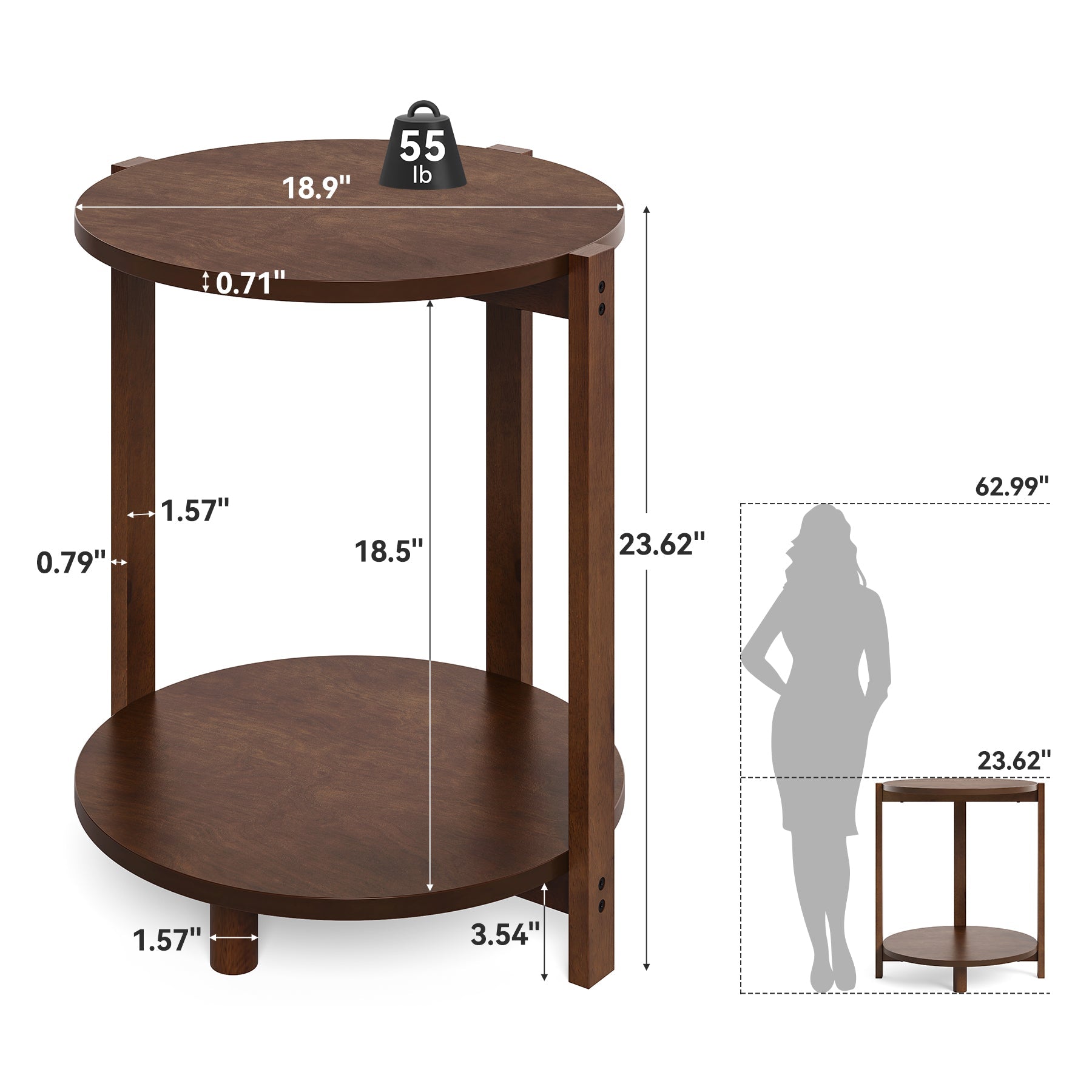Tribesigns Mesa auxiliar redonda de madera maciza 48 cm, Mesita de noche pequeña de 2 niveles con estante