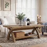 Mesa de centro de madera maciza con estante, Mesa de salón rectangular con estructura en forma de X 3