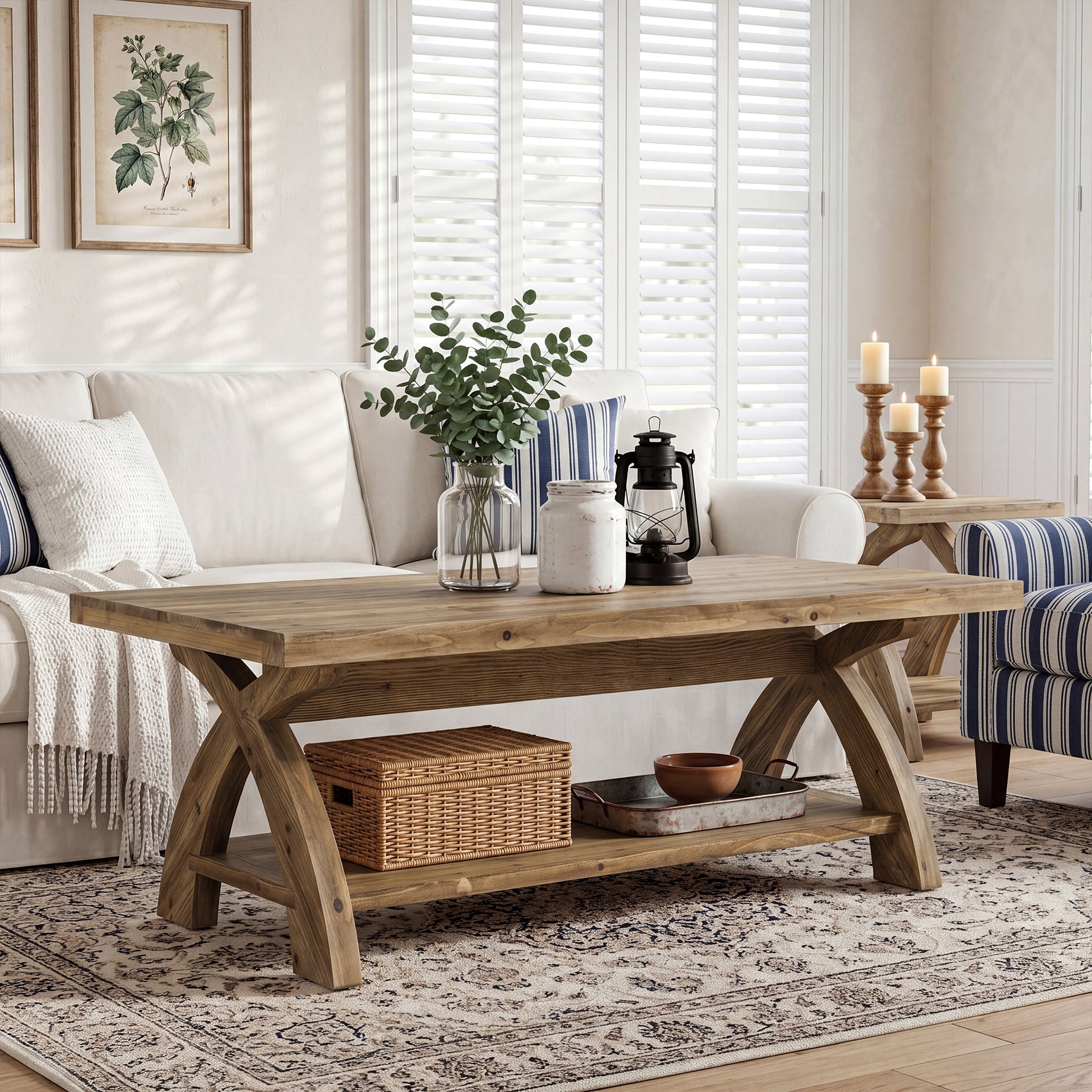 Mesa de centro de madera maciza con estante, Mesa de salón rectangular con estructura en forma de X