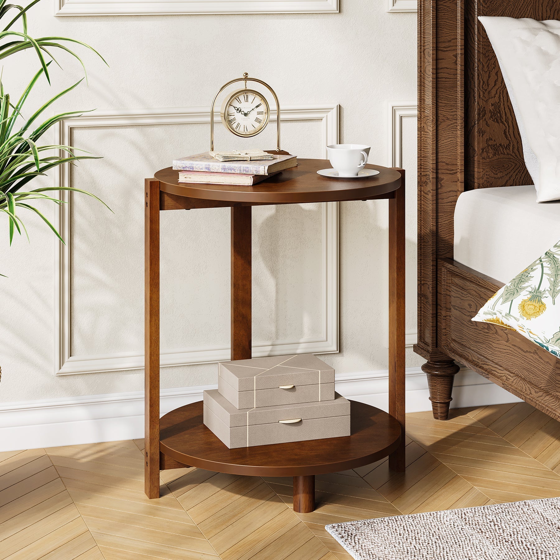 Tribesigns Mesa auxiliar redonda de madera maciza 48 cm, Mesita de noche pequeña de 2 niveles con estante