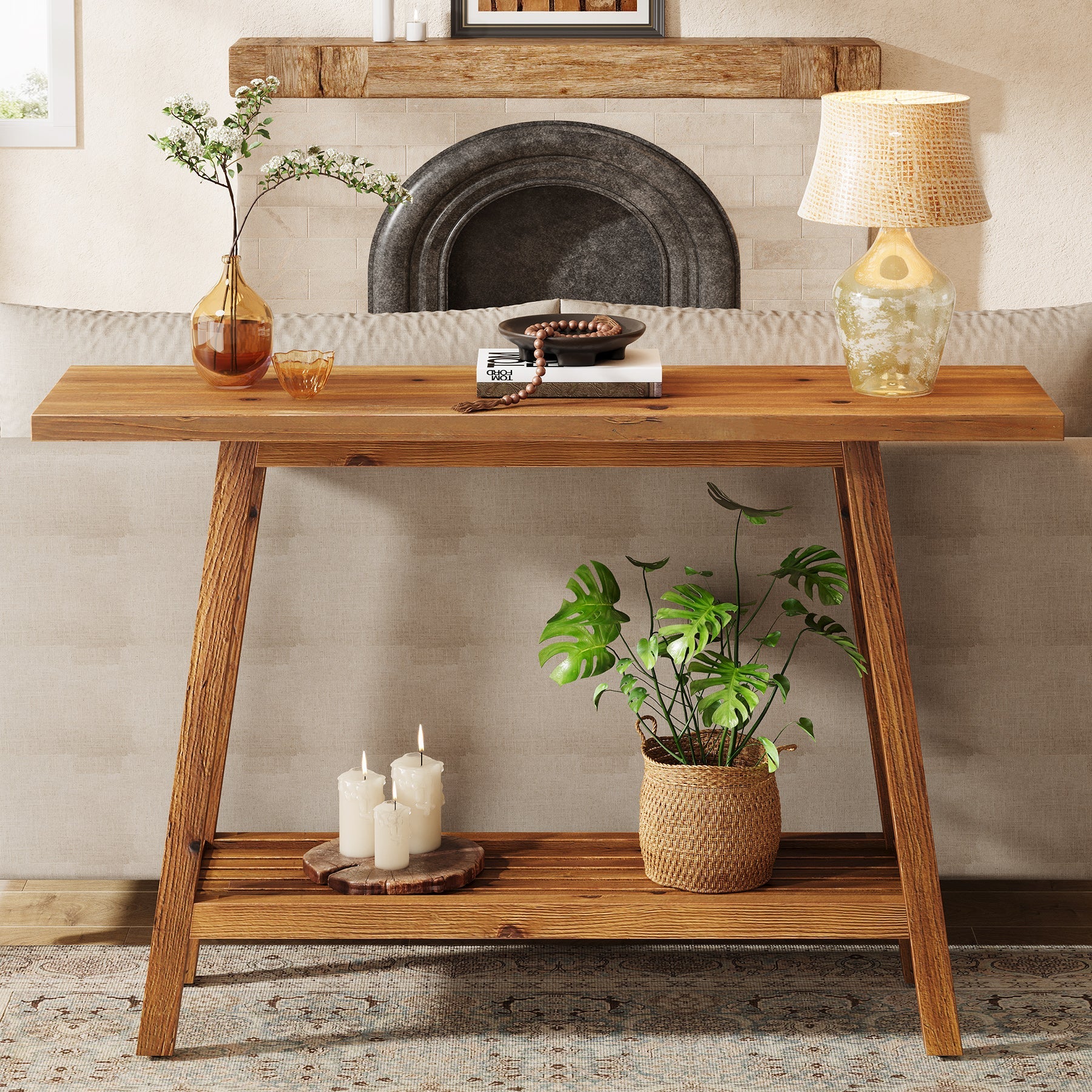 Tribesigns Consola de madera maciza 105 cm de ancho con estante, Mesa de centro con almacenamiento en estilo rústico
