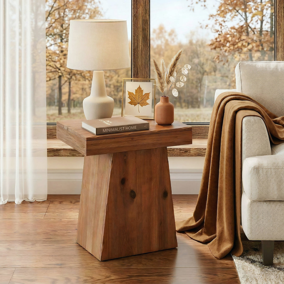 Tribesigns Mesa auxiliar de madera maciza de 60 cm, Mesa de madera con base trapezoidal