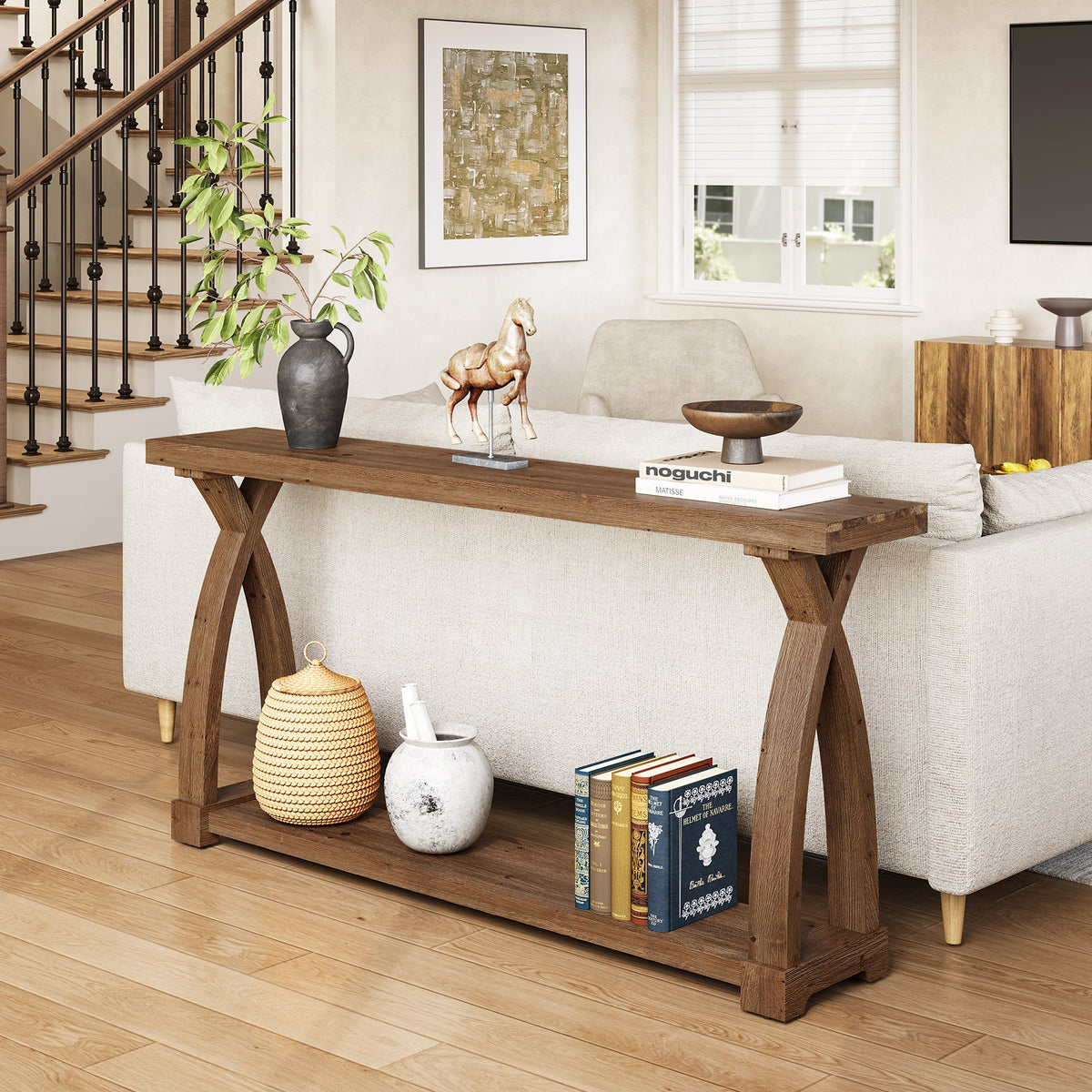 Tribesigns Consola de madera maciza de 160 x 30 cm con estante de almacenamiento de 2 niveles y mesa auxiliar estrecha detrás del sofá