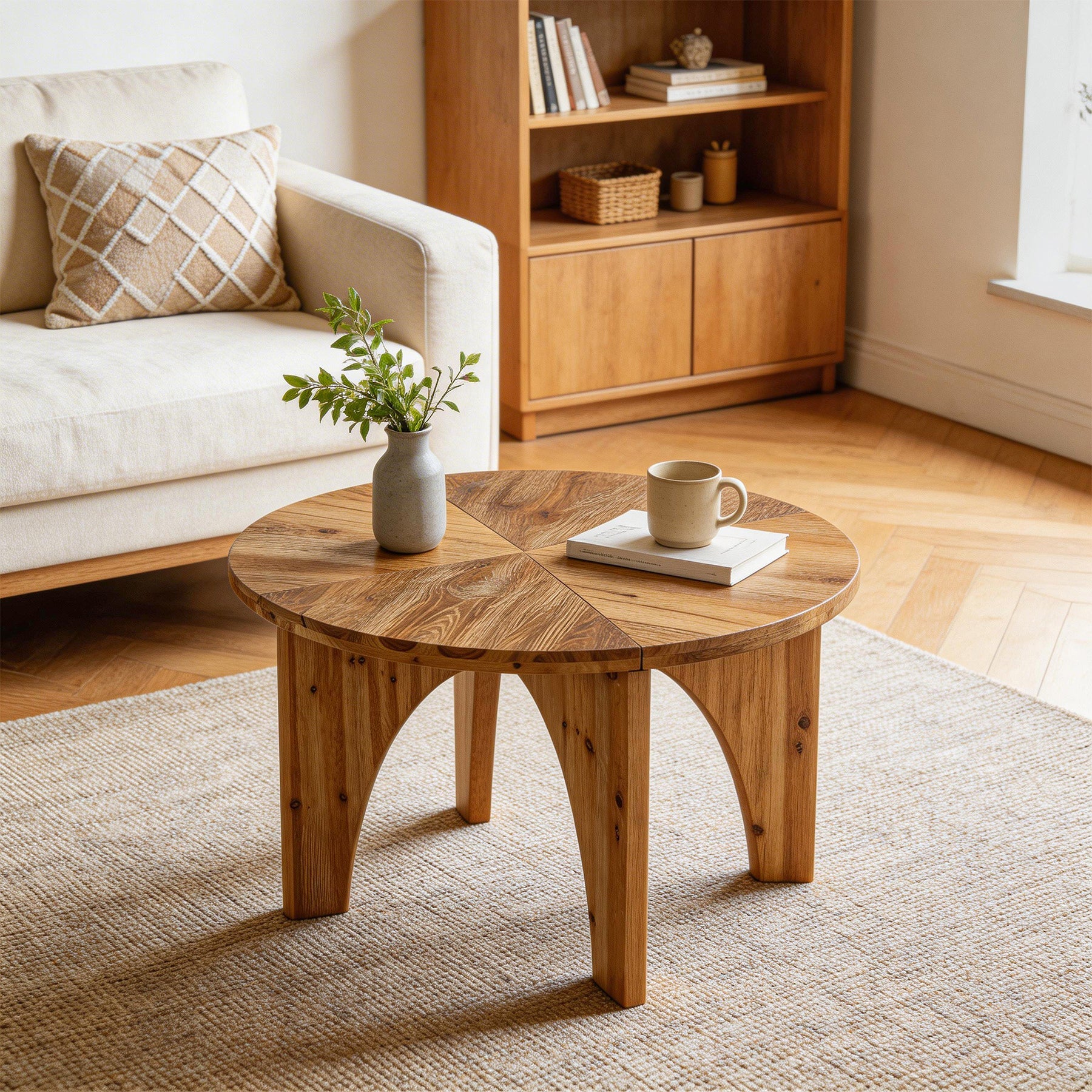 Tribeigns Mesa de centro redonda de madera maciza 80 cm, Mesa de salón de estilo rústico con patas curvas