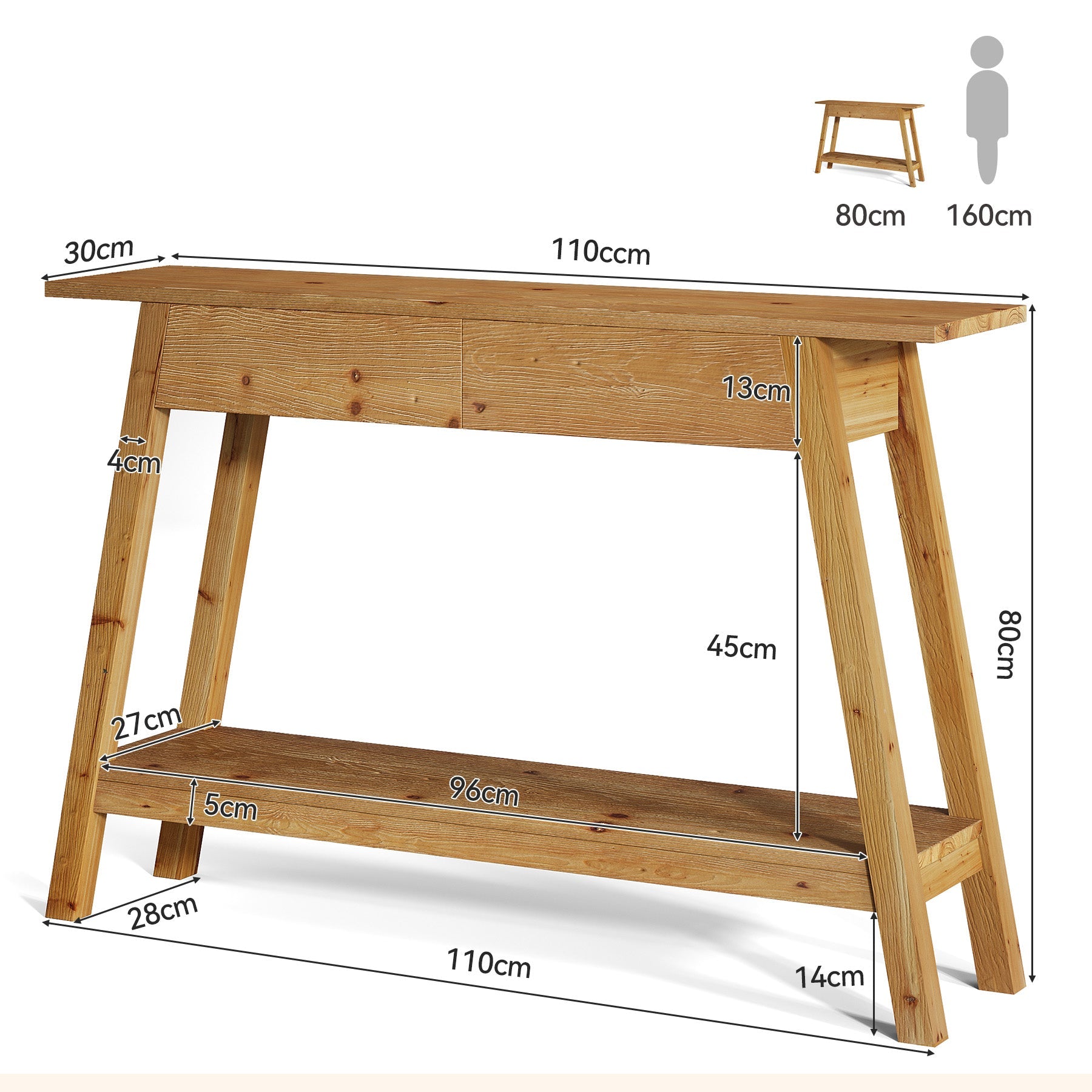 Tribesigns Mesa consola de madera maciza 110 cm con 2 cajones, Mesa estrecha para pasillo con estante