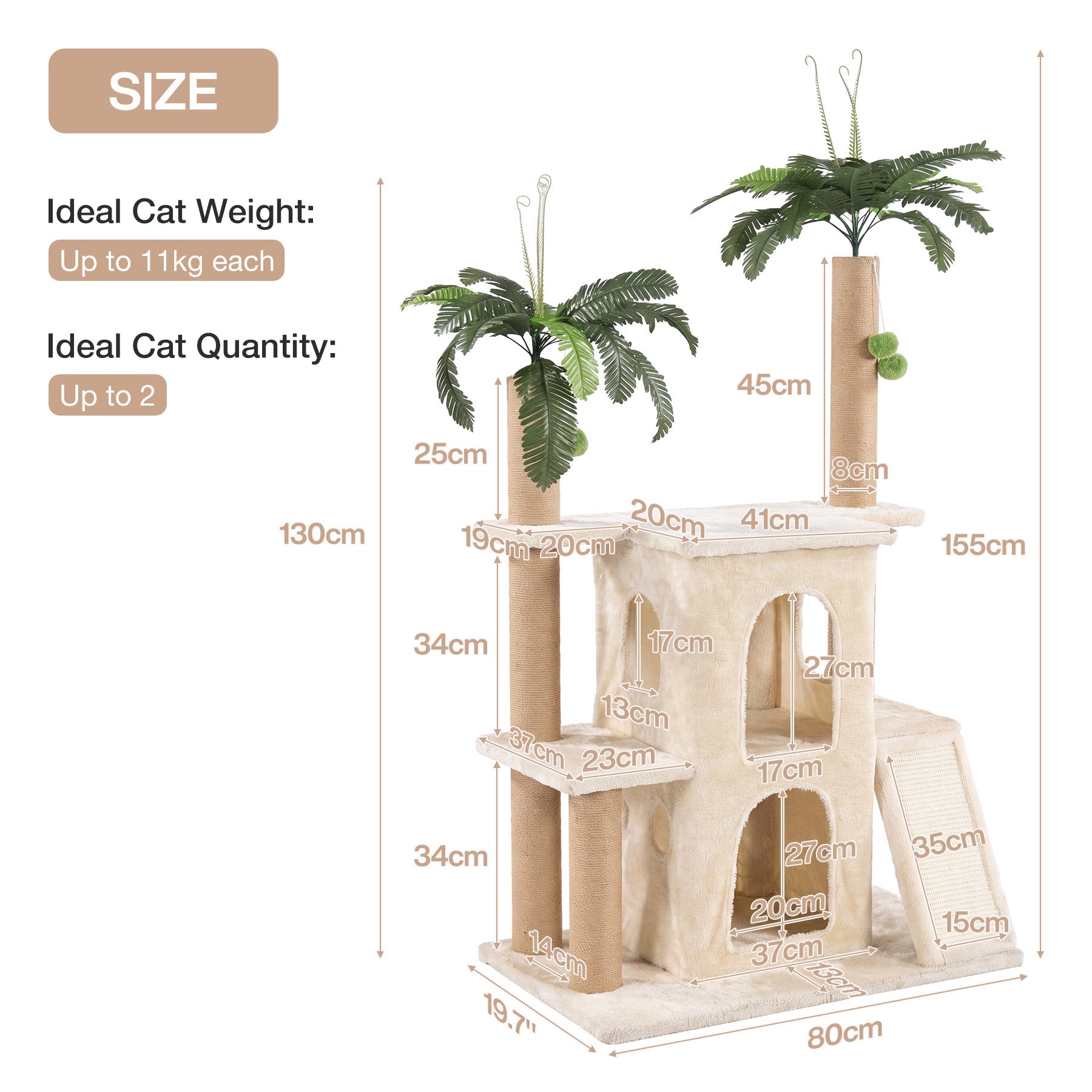 Tribesigns Rascador con 2 casitas de felpa para gatos y postes de sisal árbol alto para varios gatos de interior