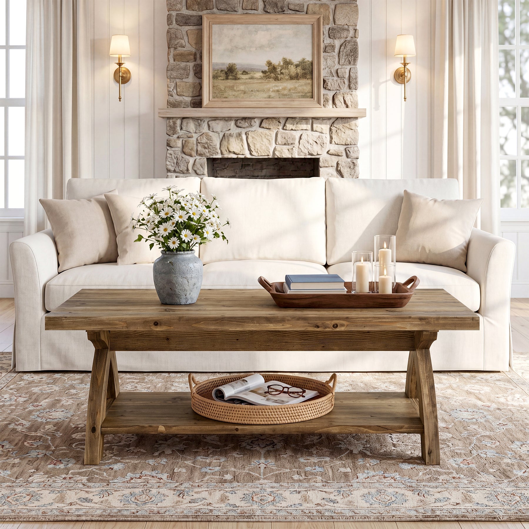 Mesa de centro de madera maciza con estante, Mesa de salón rectangular con estructura en forma de X