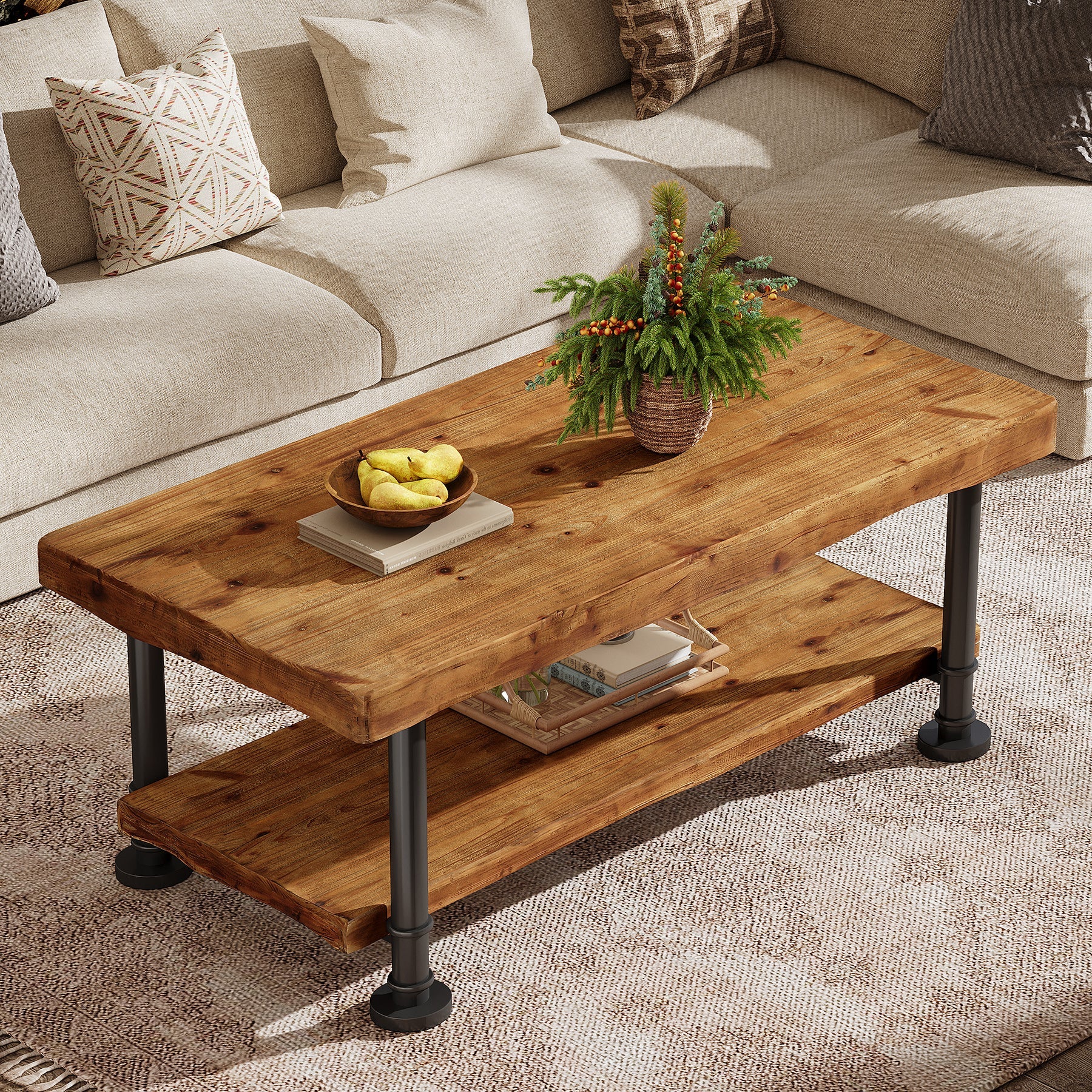 Tribesigns Mesa de centro rectangular de 120 cm 2 niveles de madera maciza para salón con borde natural y patas de metal