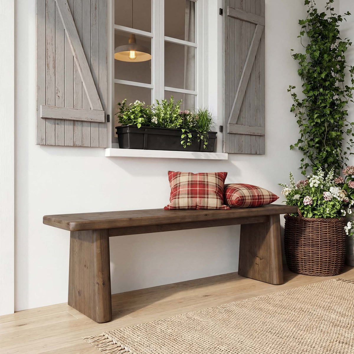 Tribesigns Banco zapatero de 140 cm de madera maciza, Banco de estilo rústico para 2-3 personas