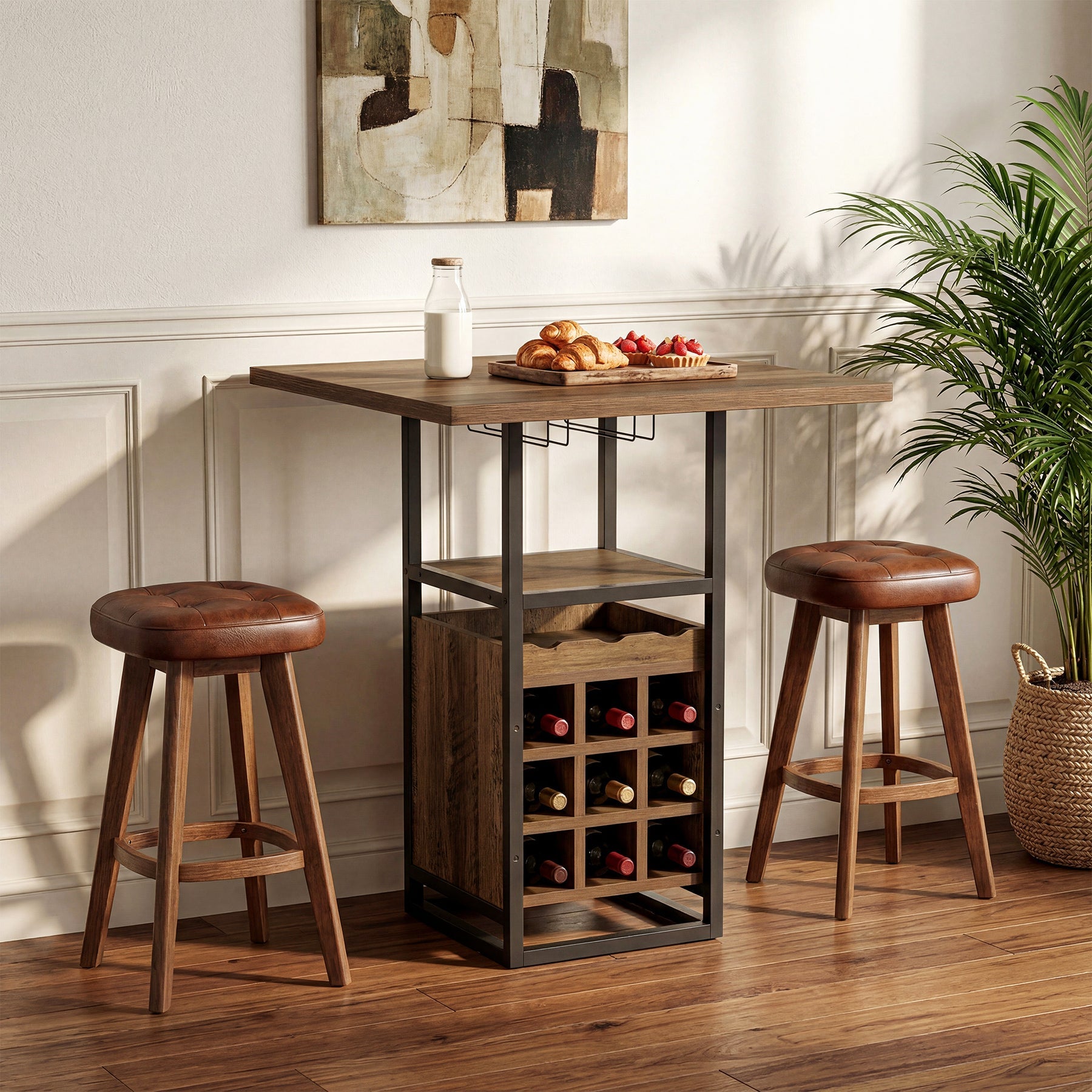 Tribesigns Mesa de bar de 95 cm con almacenamiento, Mesa de bistró estrecha con estantes, botellero y soporte para copas