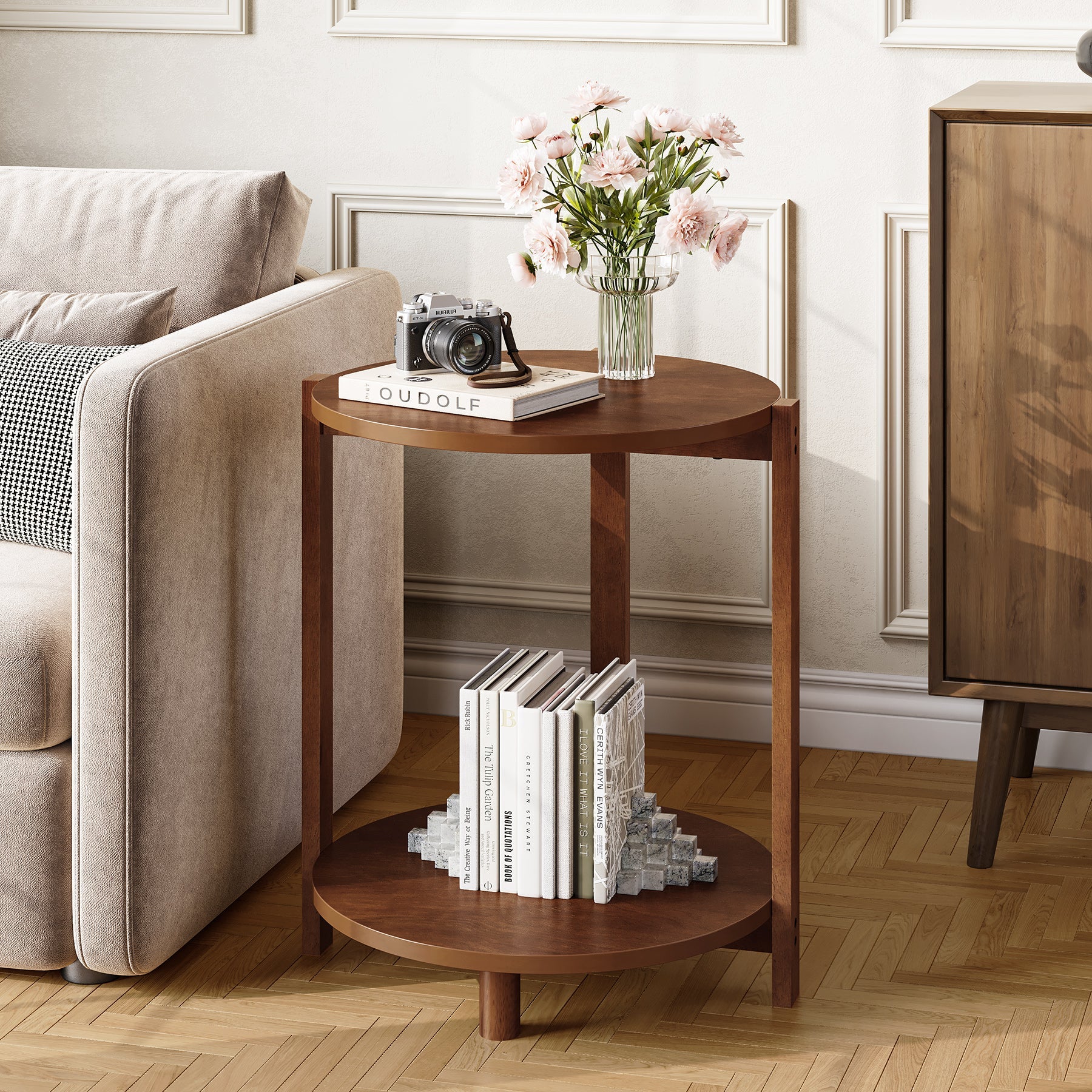 Tribesigns Mesa auxiliar redonda de madera maciza 48 cm, Mesita de noche pequeña de 2 niveles con estante