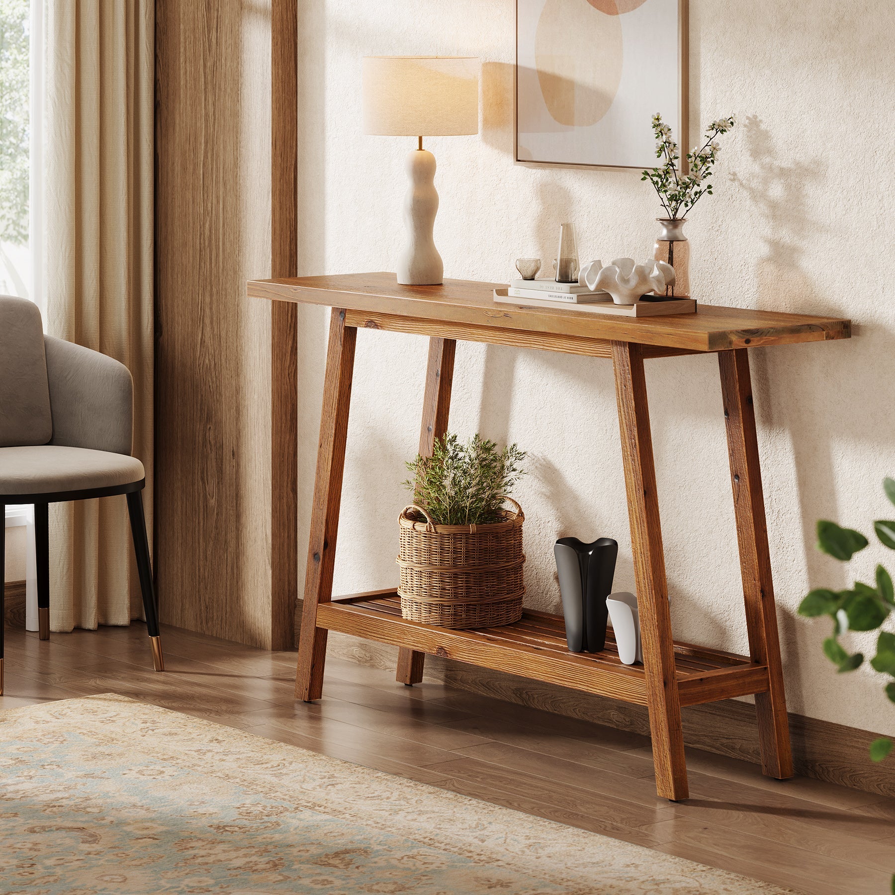 Tribesigns Consola de madera maciza 105 cm de ancho con estante, Mesa de centro con almacenamiento en estilo rústico