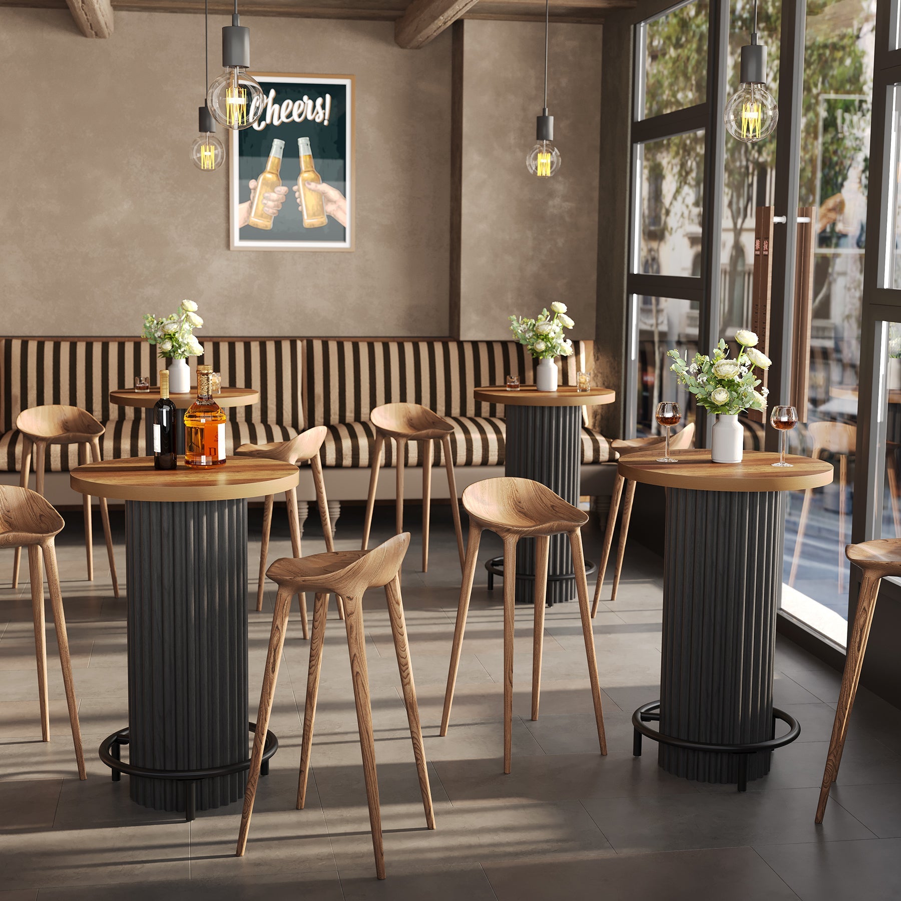 Mesa alta redonda (100 cm de altura), Mesa de bistró moderna de madera con reposapiés metálico