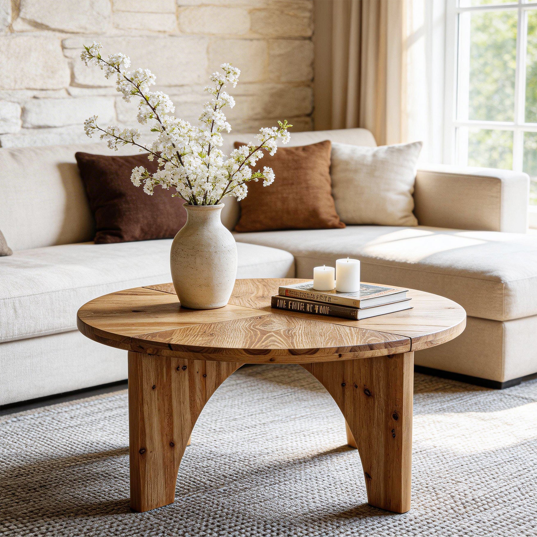 Tribeigns Mesa de centro redonda de madera maciza 80 cm, Mesa de salón de estilo rústico con patas curvas